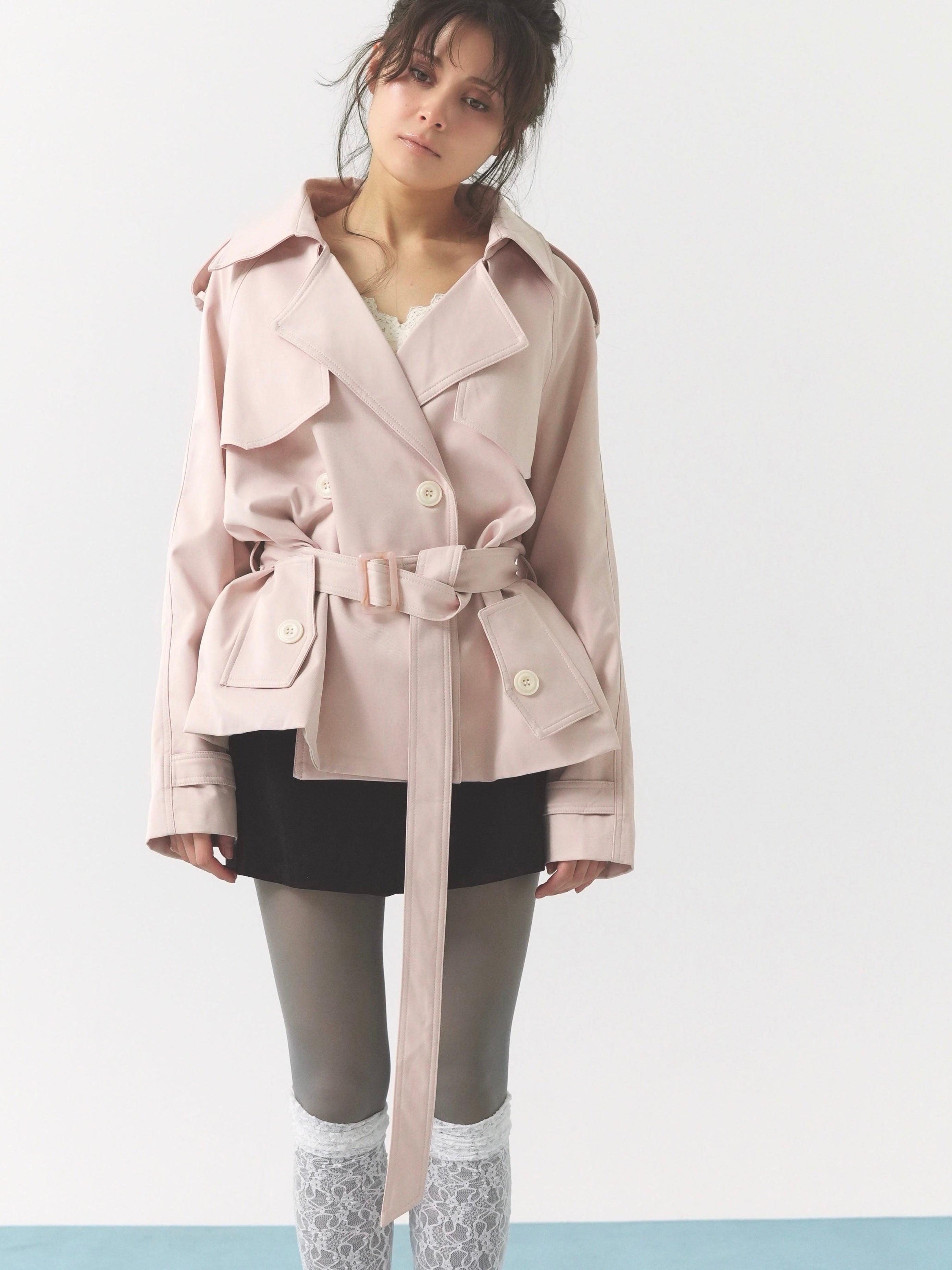 pale short trench coat