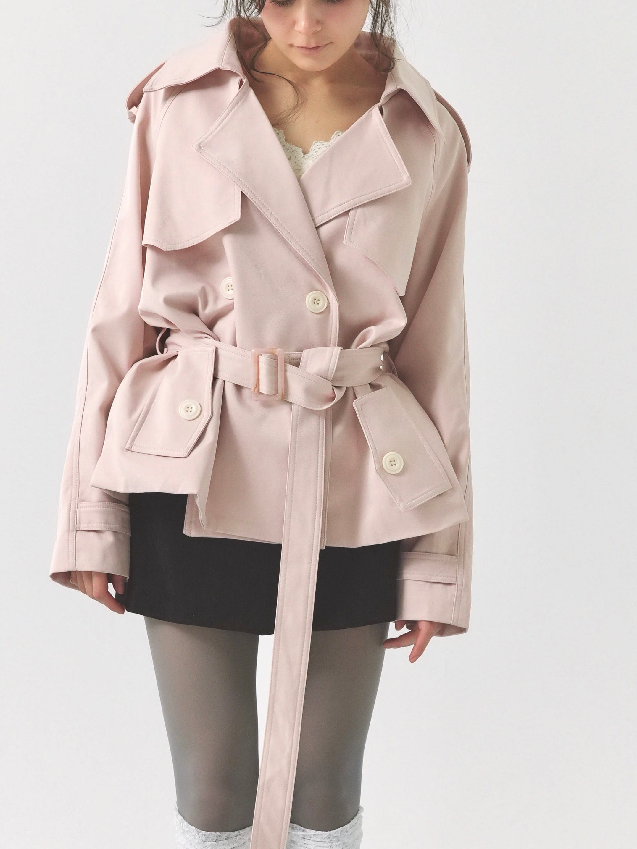 pale short trench coat