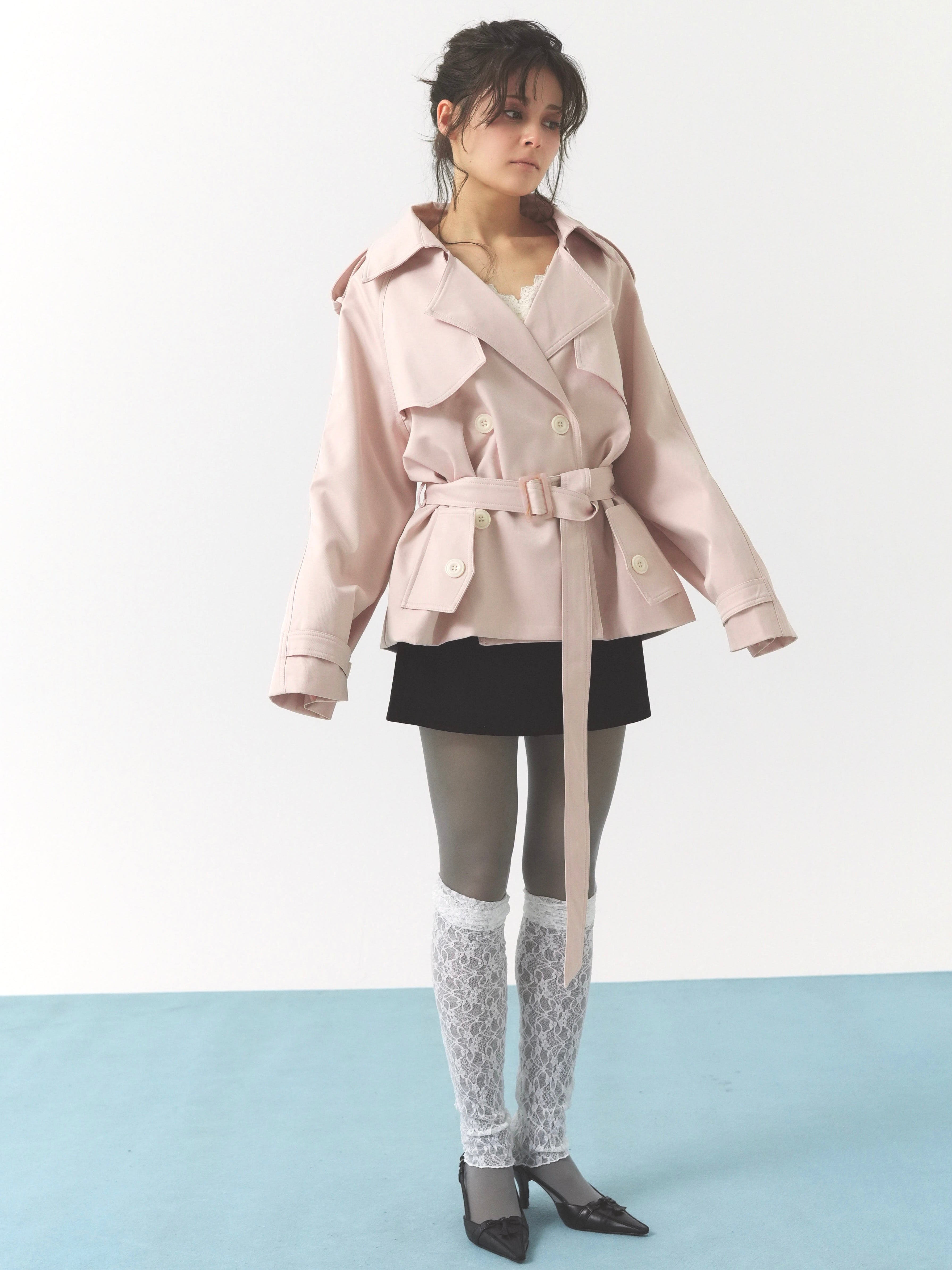 pale short trench coat