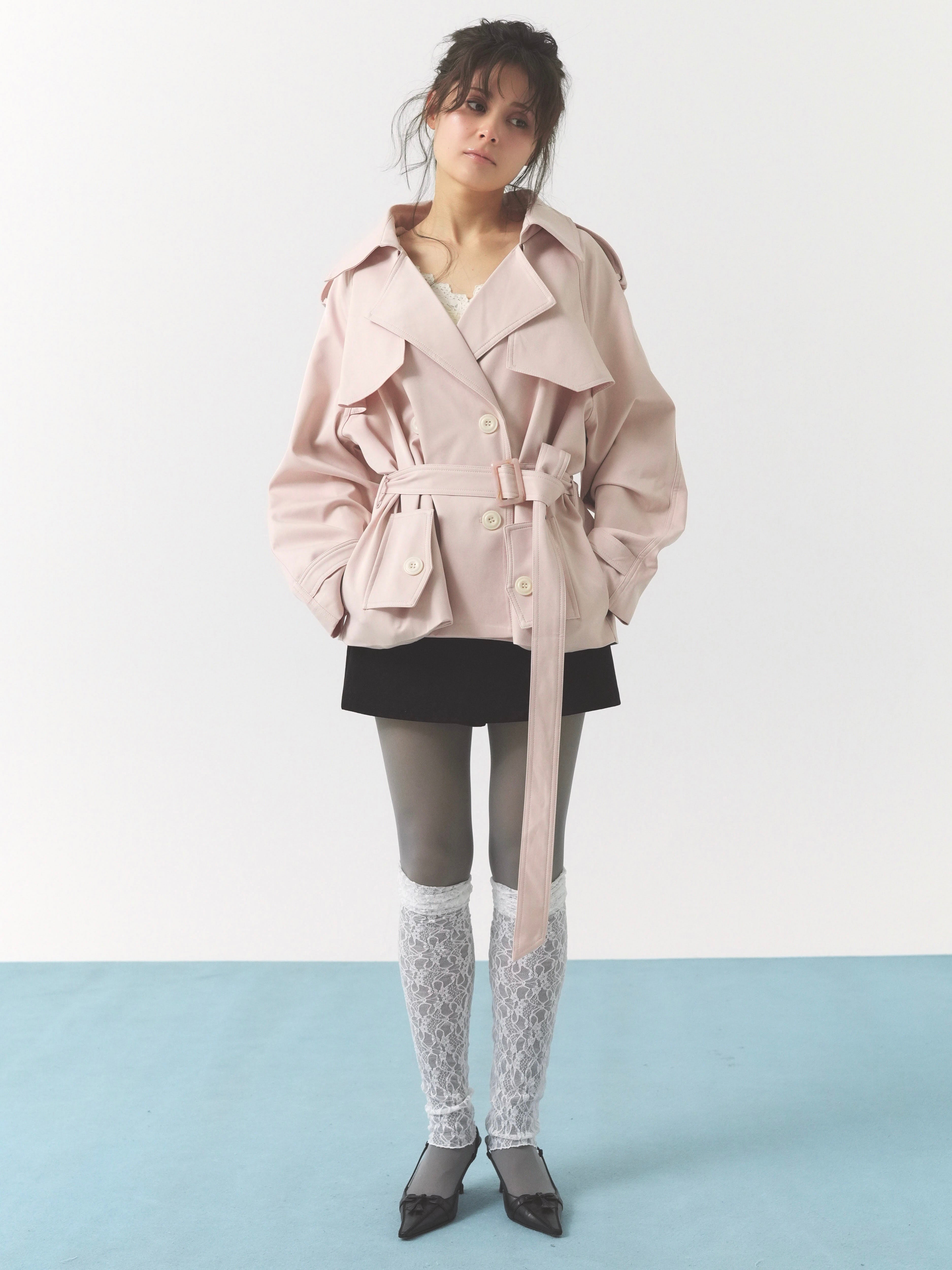 pale short trench coat
