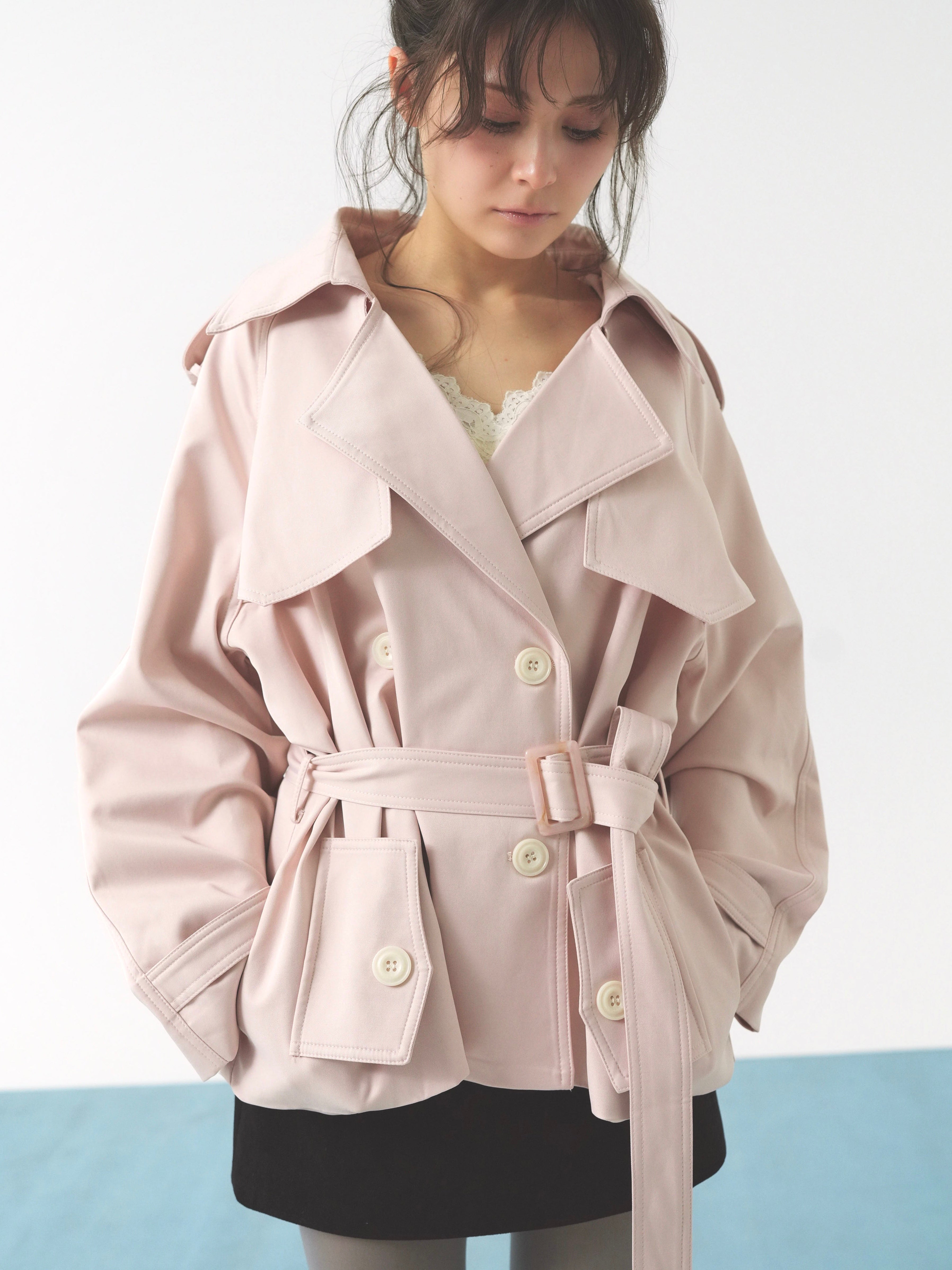 pale short trench coat
