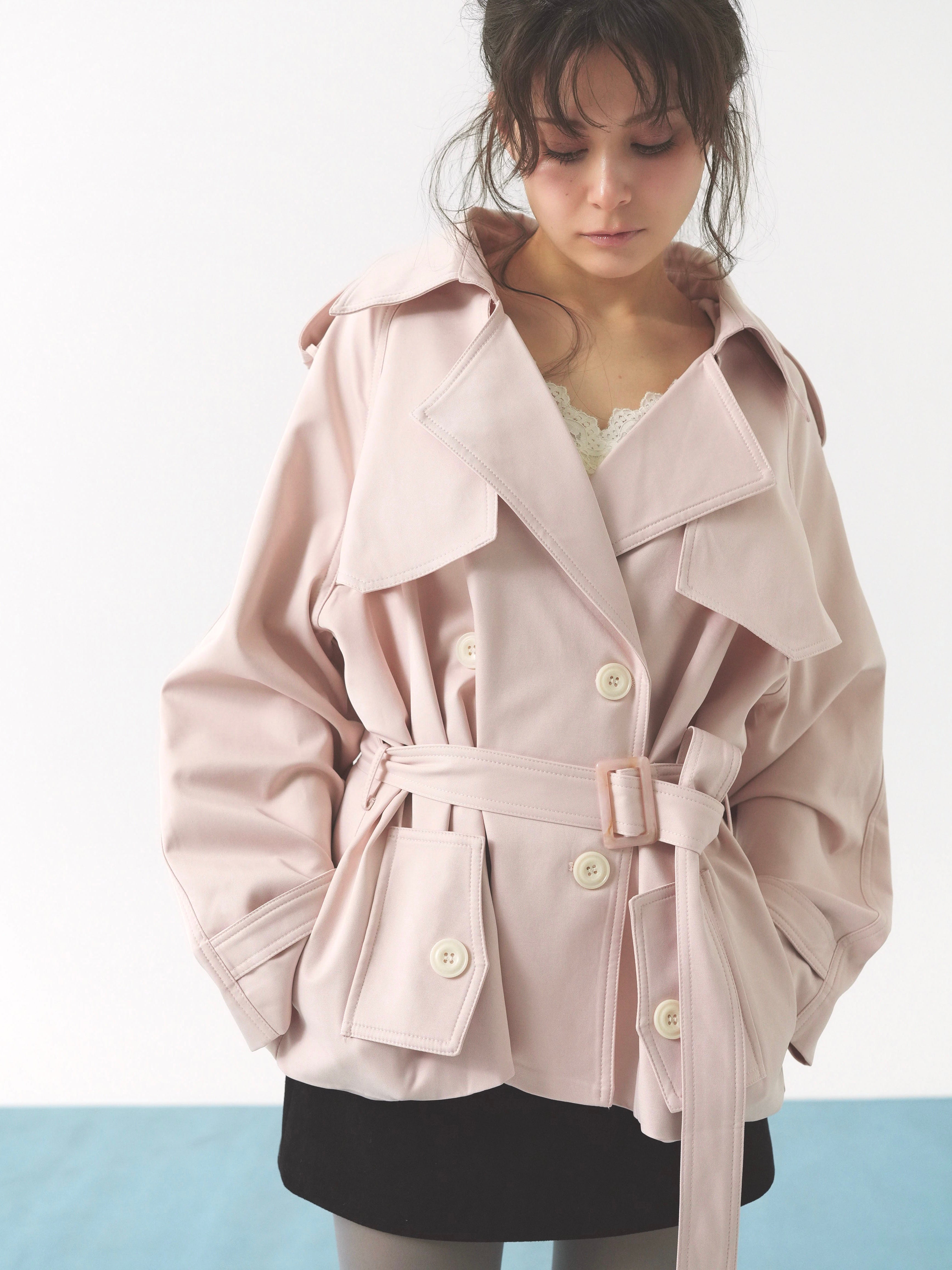 pale short trench coat