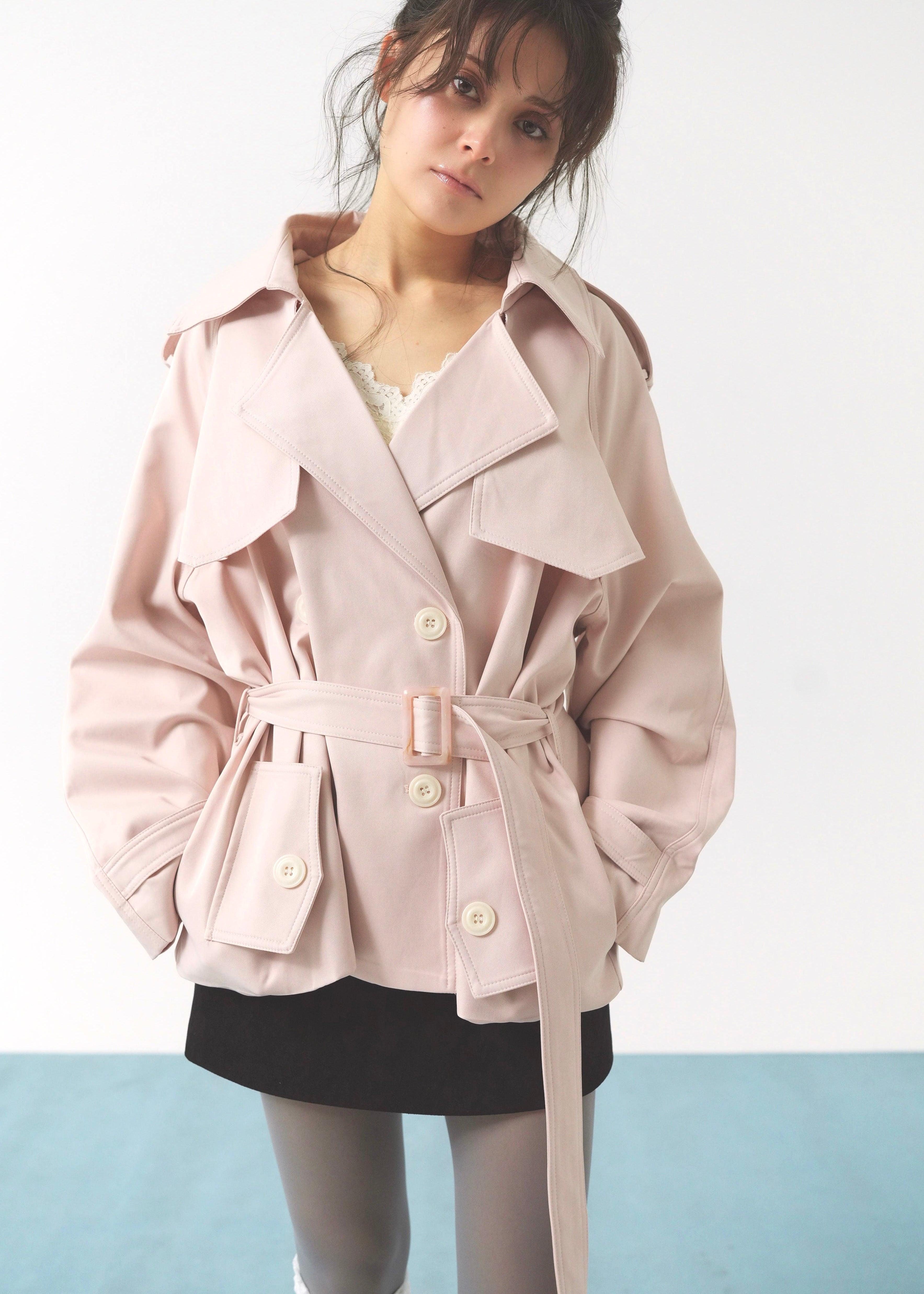 pale short trench coat