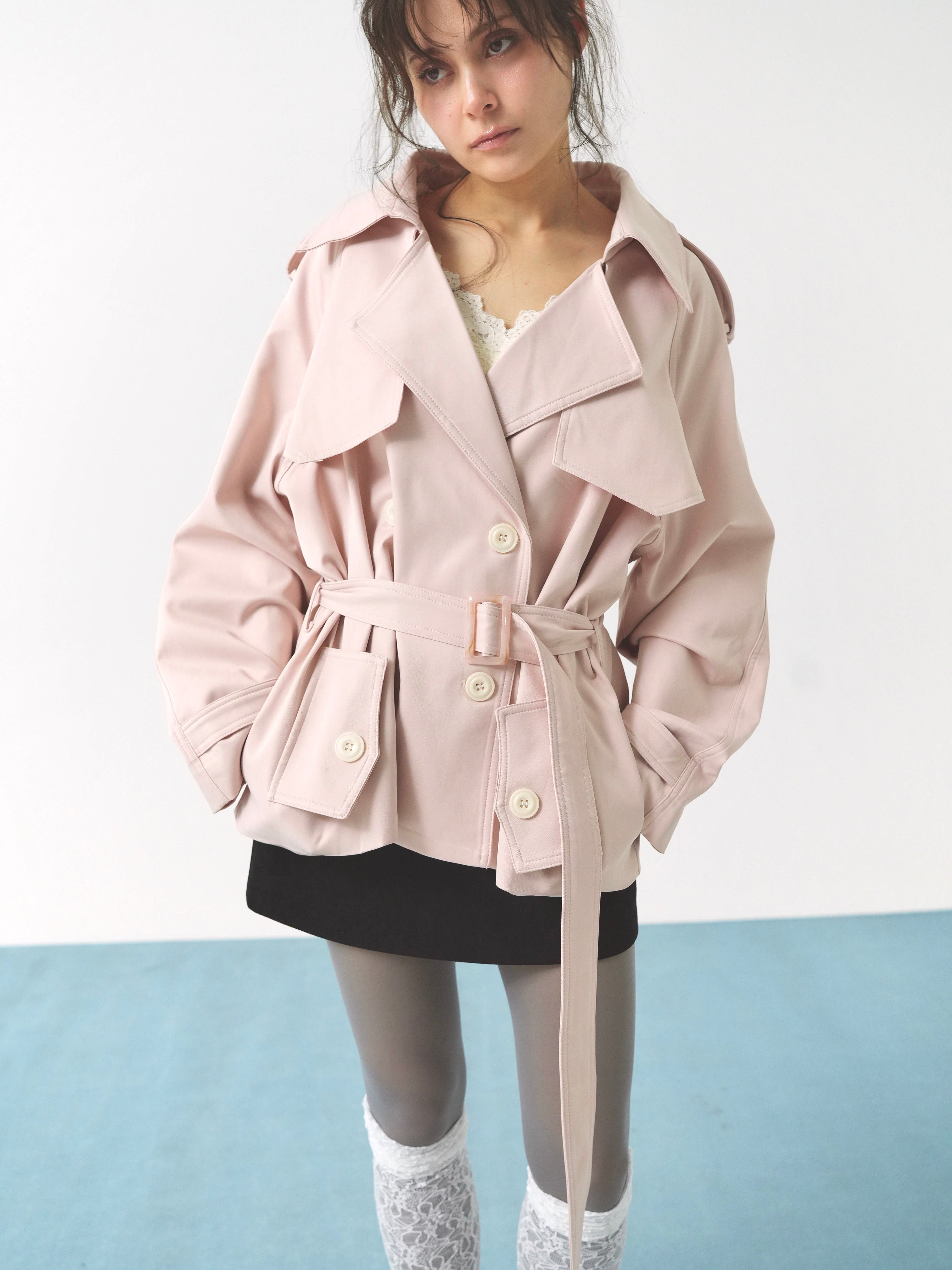 pale short trench coat