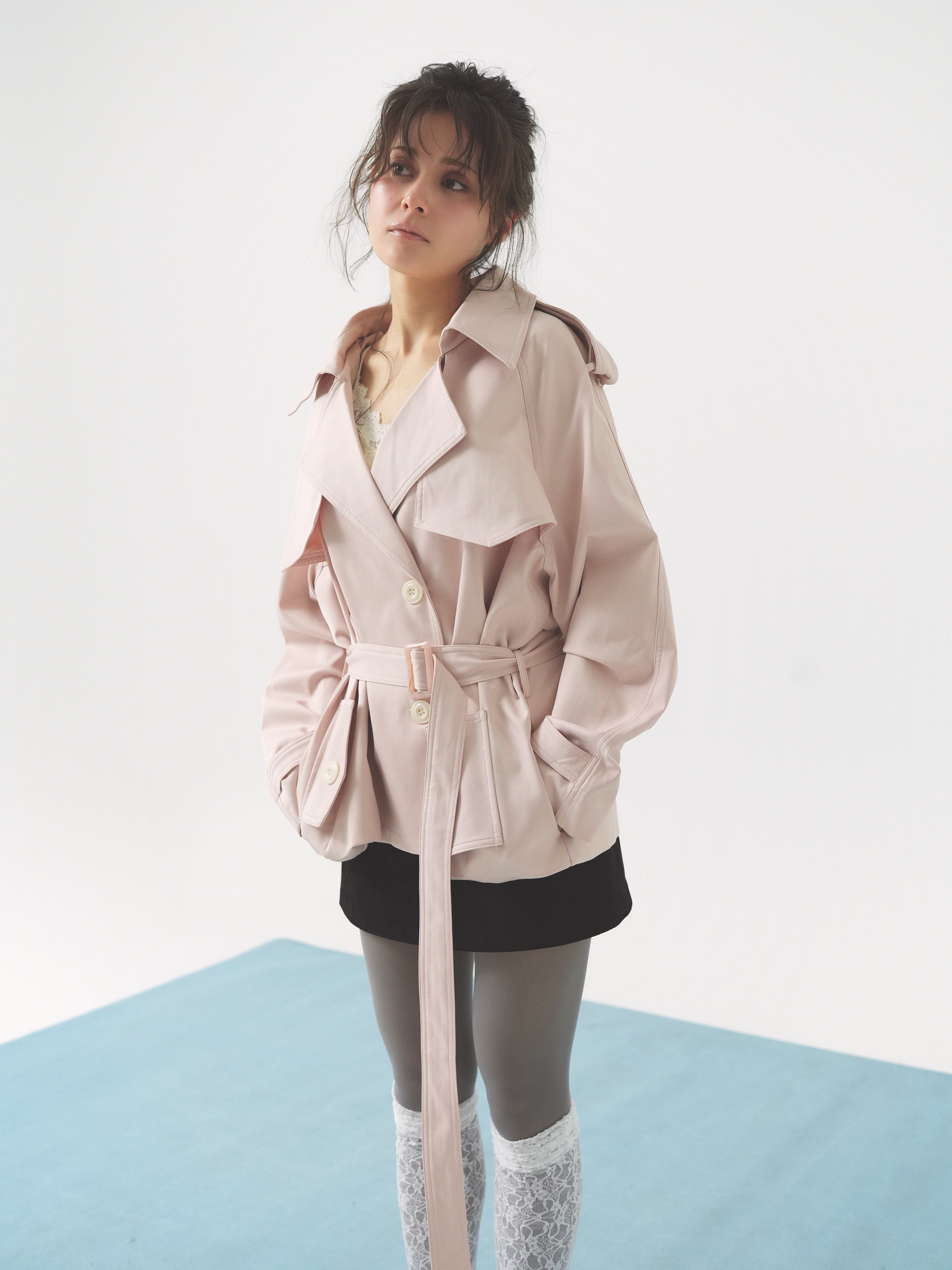 pale short trench coat
