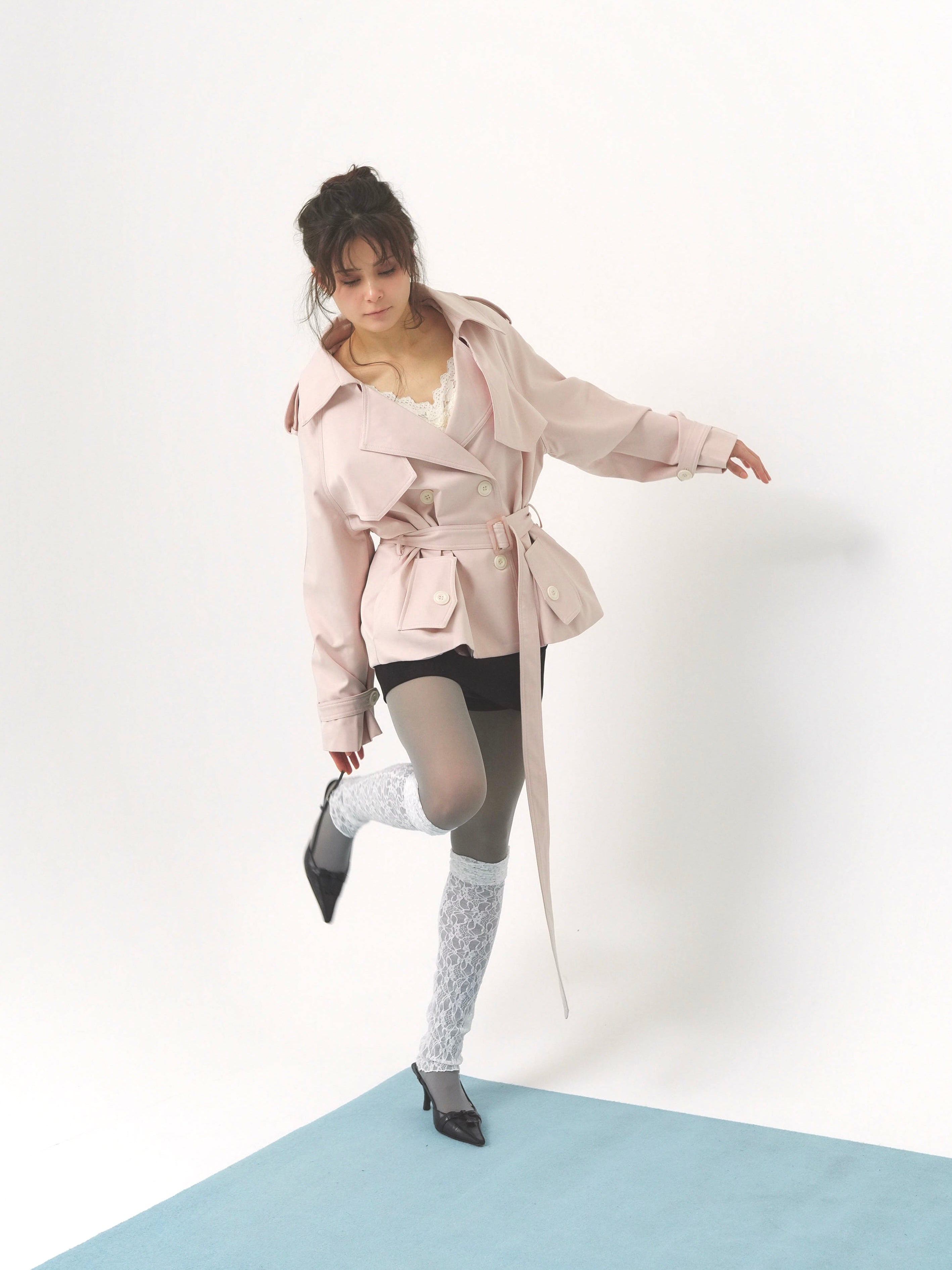 pale short trench coat