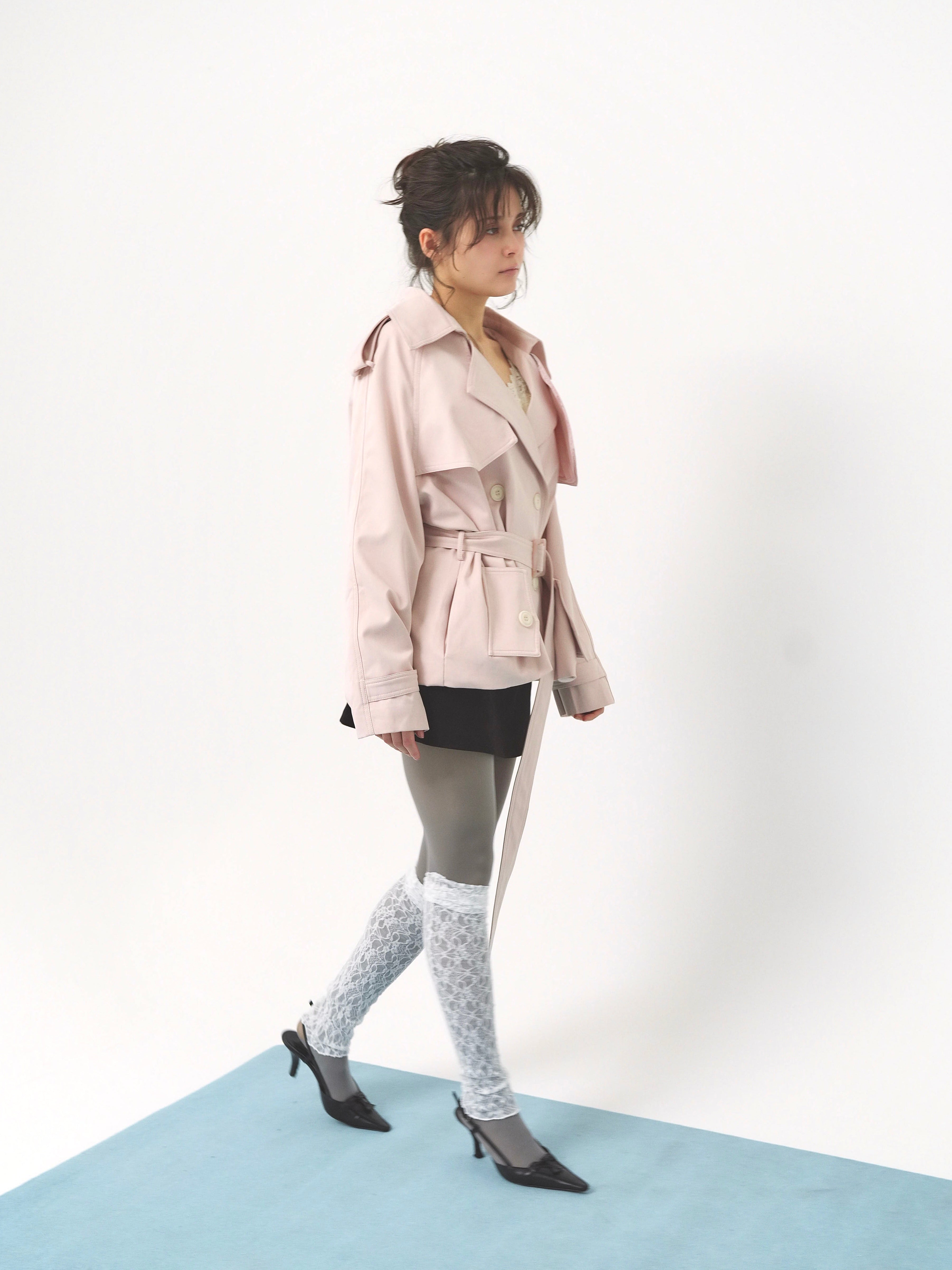pale short trench coat