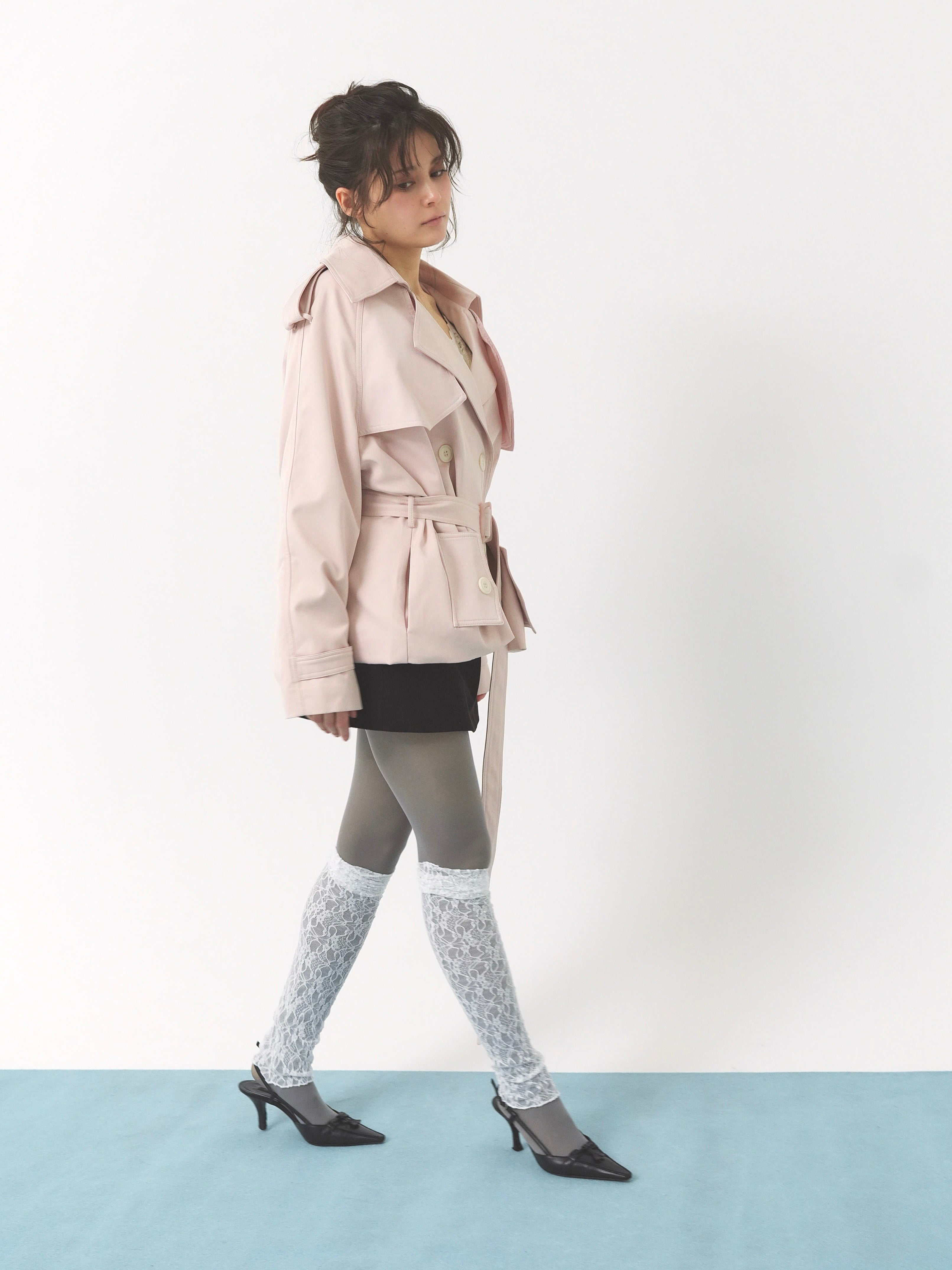 pale short trench coat