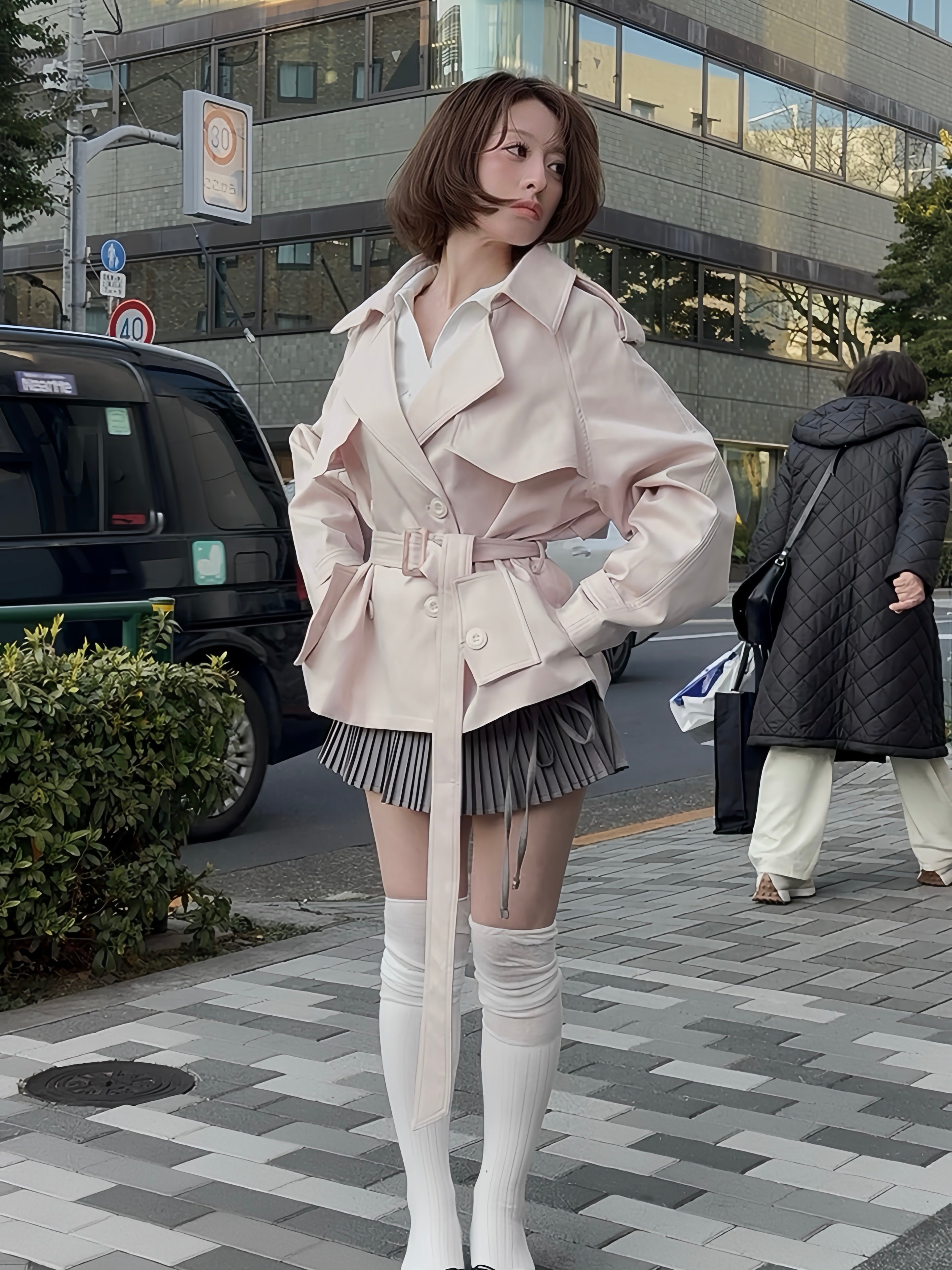 pale short trench coat