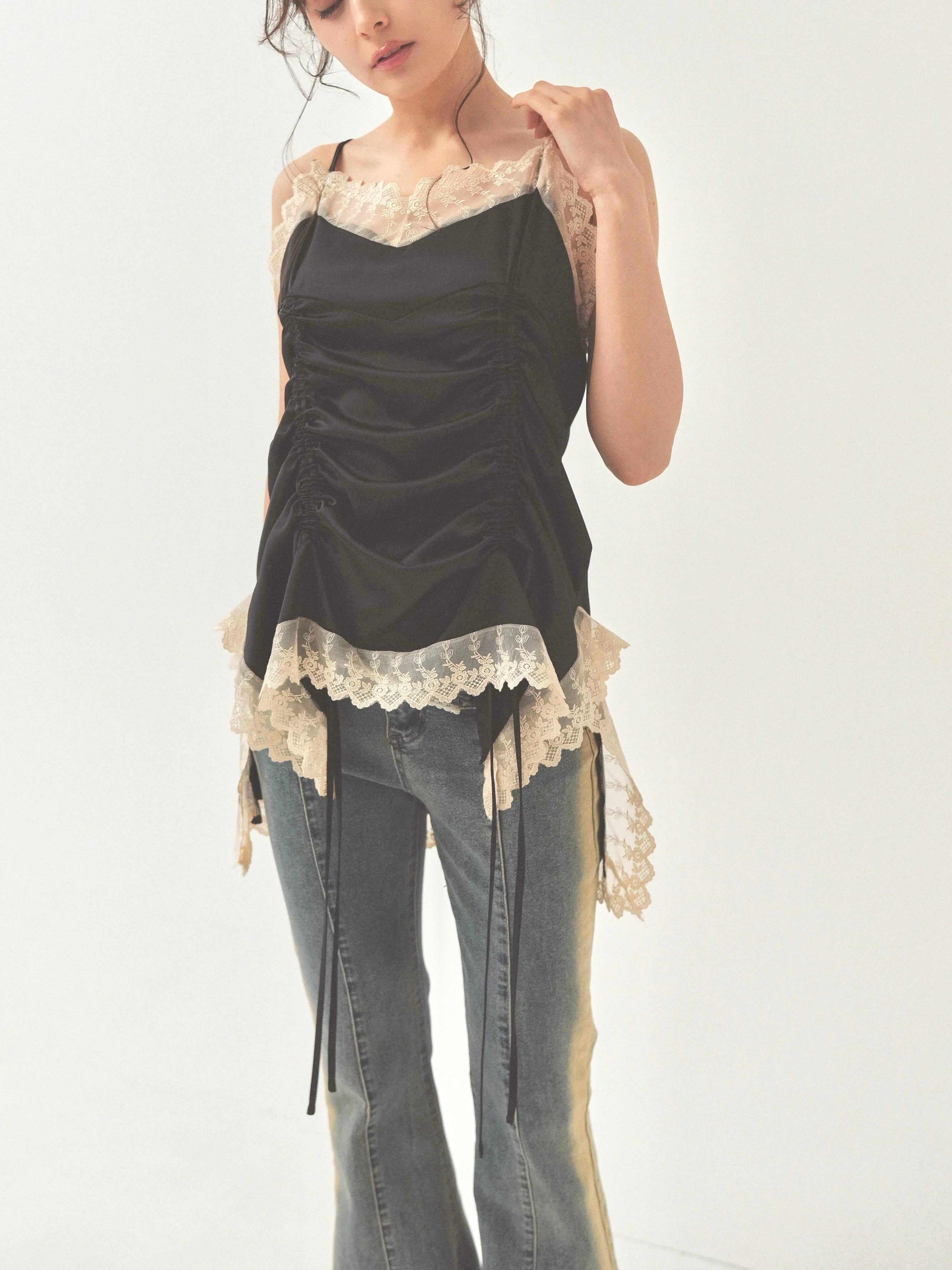 トップス pellicule satin gather mini op black satin gather mini op｜PELLICULE | ぺリキュール