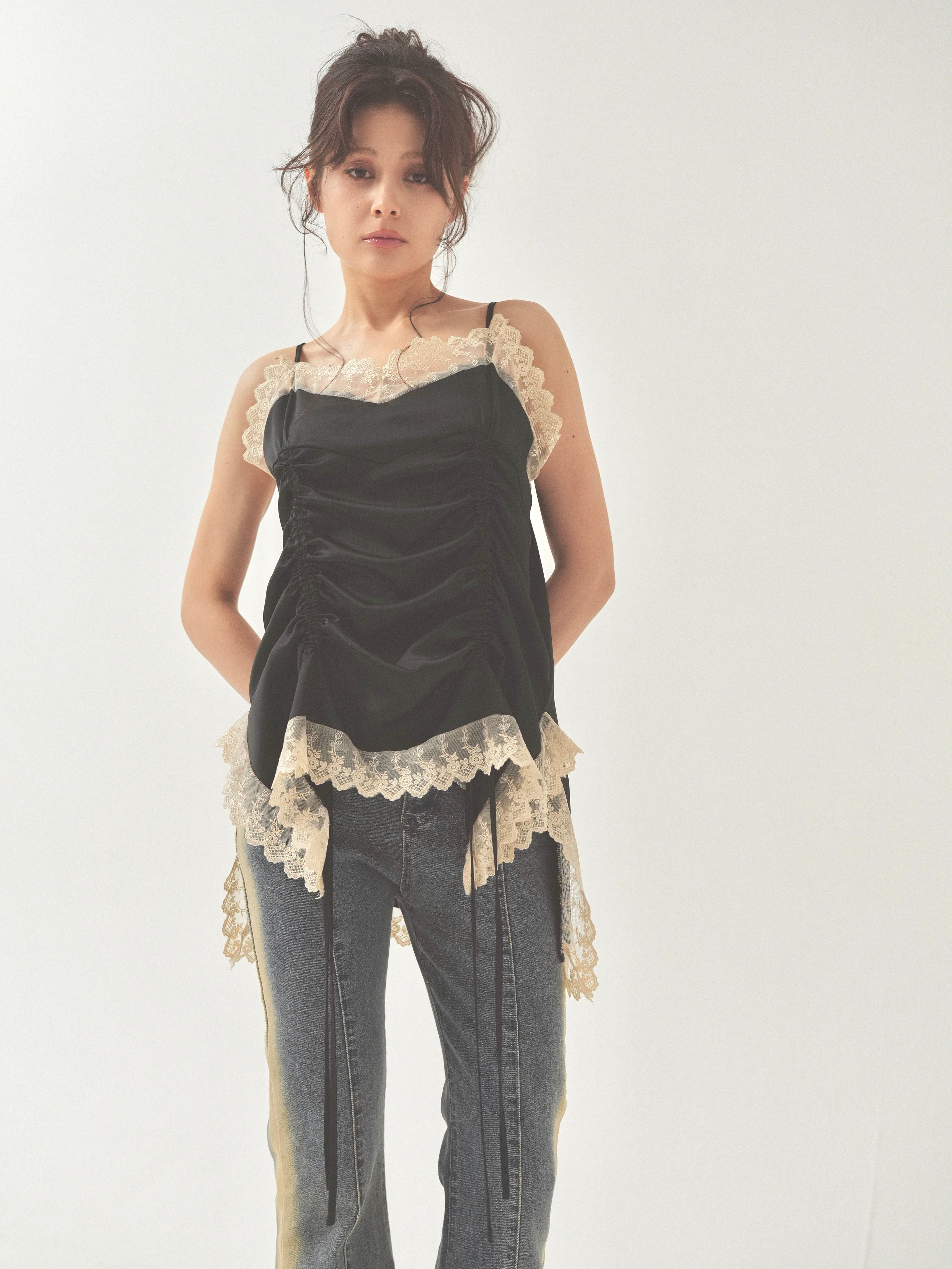 トップス PELLICULE satin gather mini op blue satin gather mini op｜PELLICULE | ぺリキュール