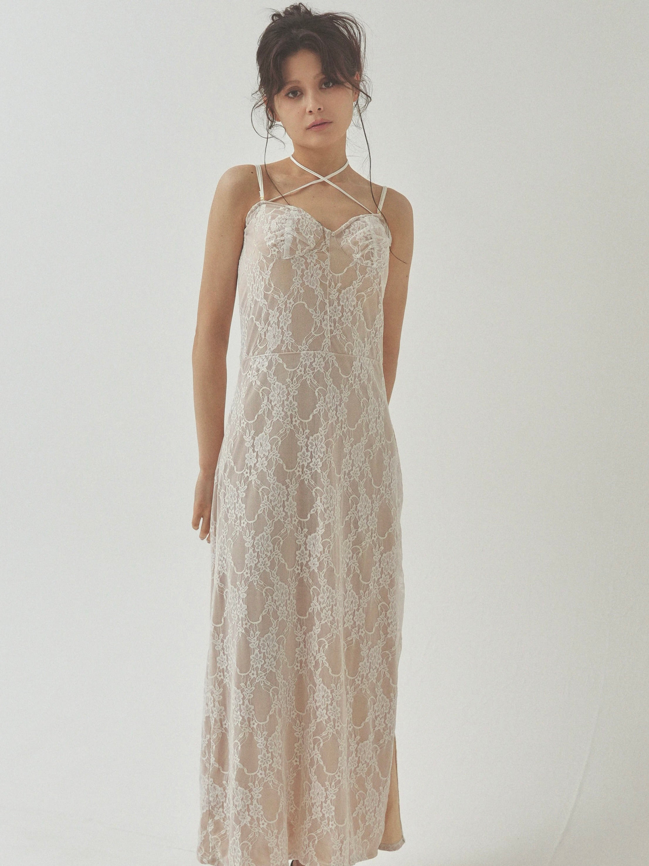 lace slit ribbon onepiece