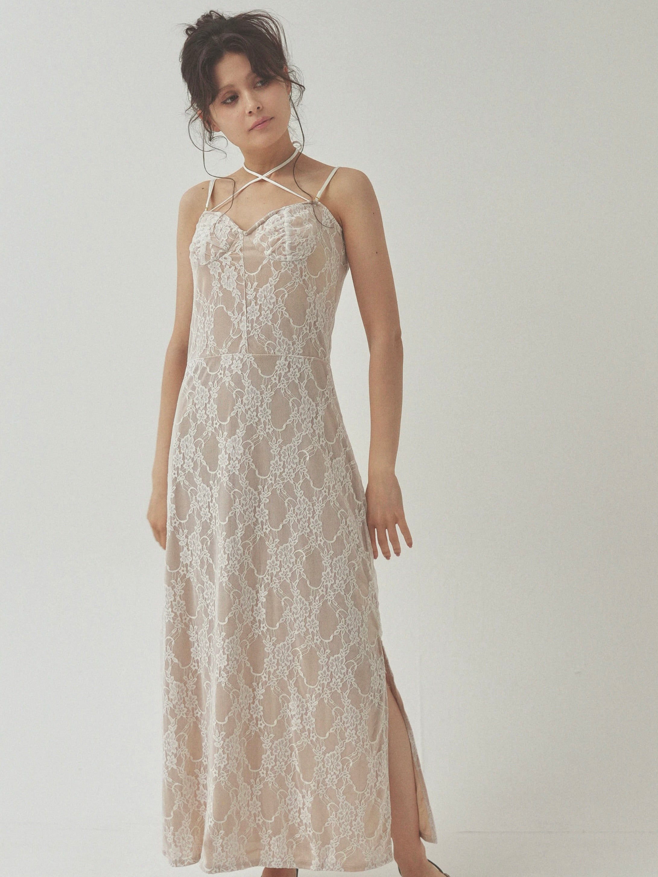 lace slit ribbon onepiece
