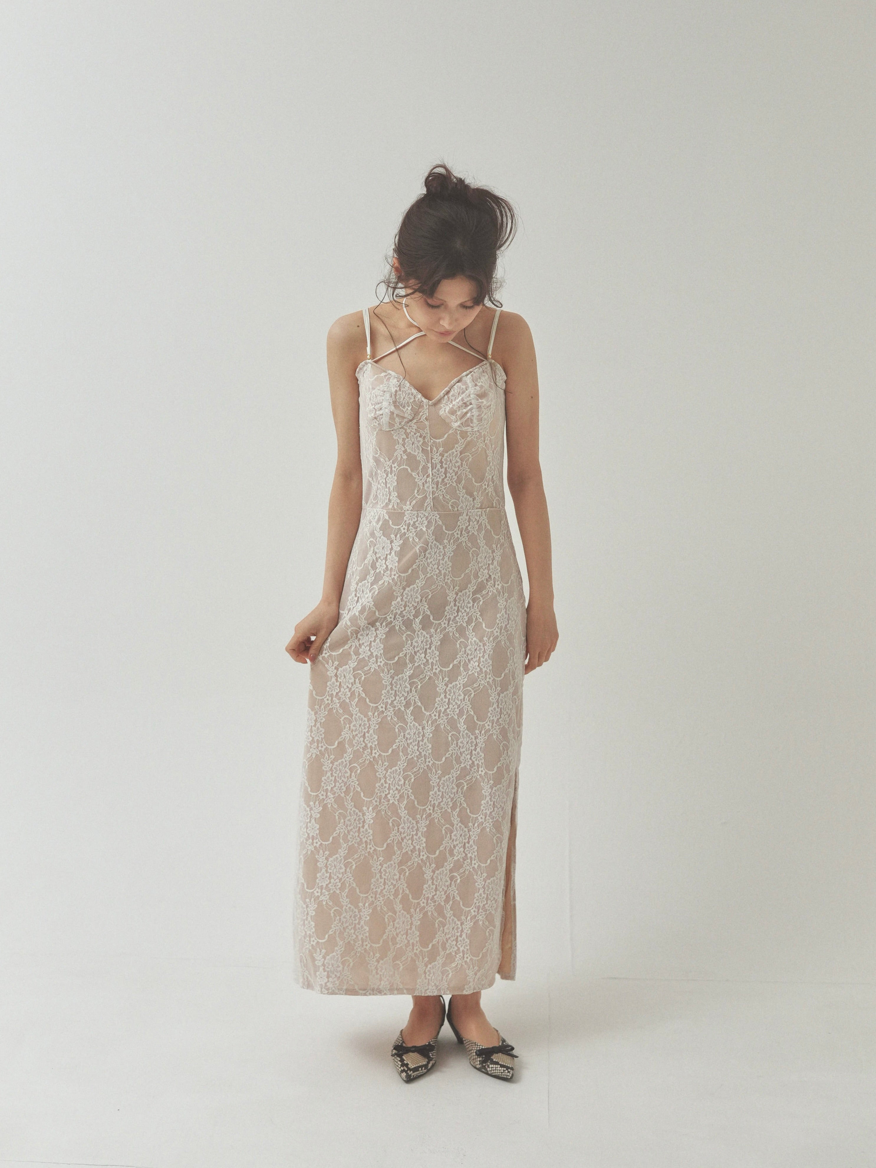 ワンピース PELLICULE lace slit ribbon onepiece｜PELLICULE | ぺリキュール