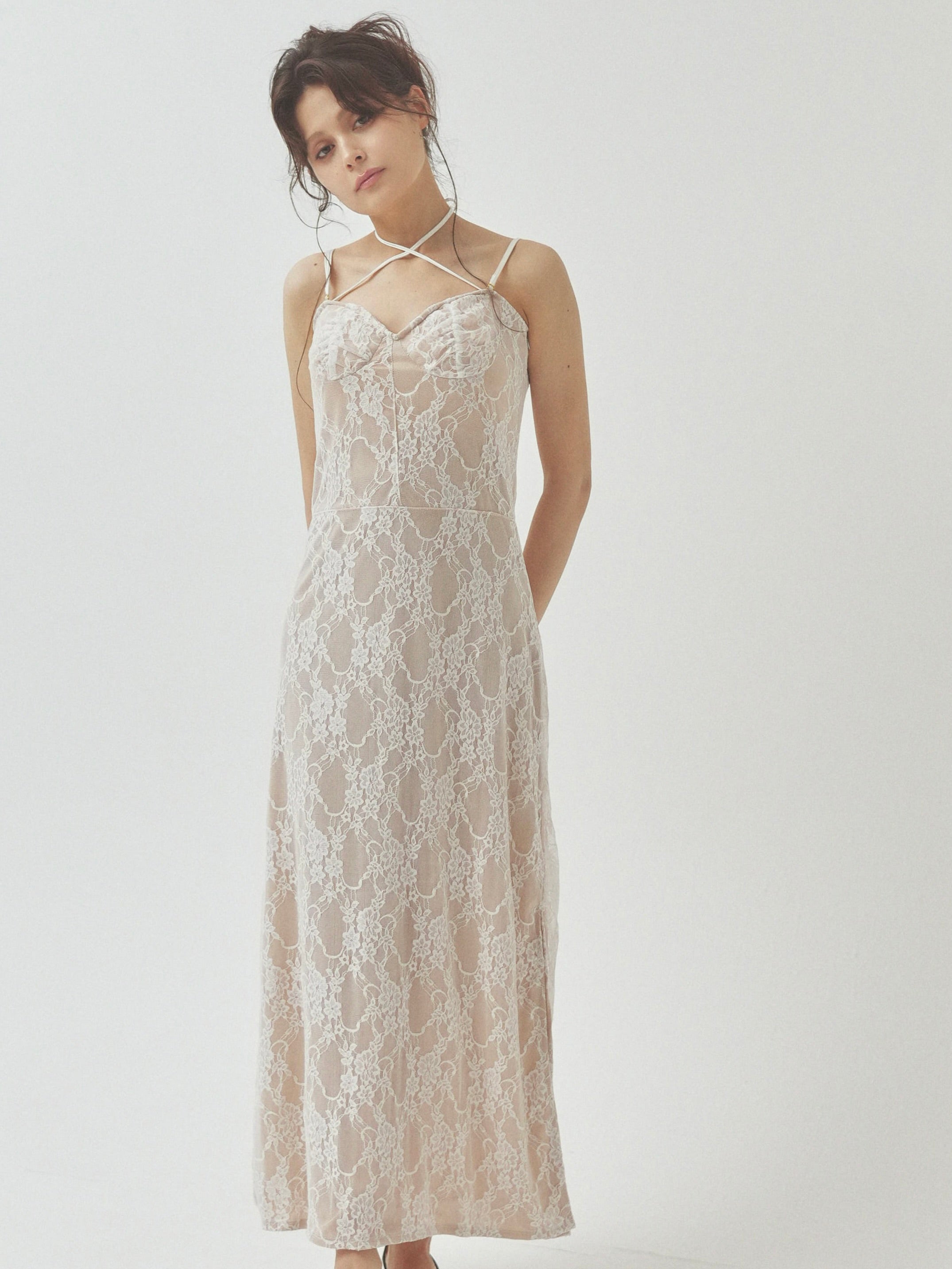 lace slit ribbon onepiece
