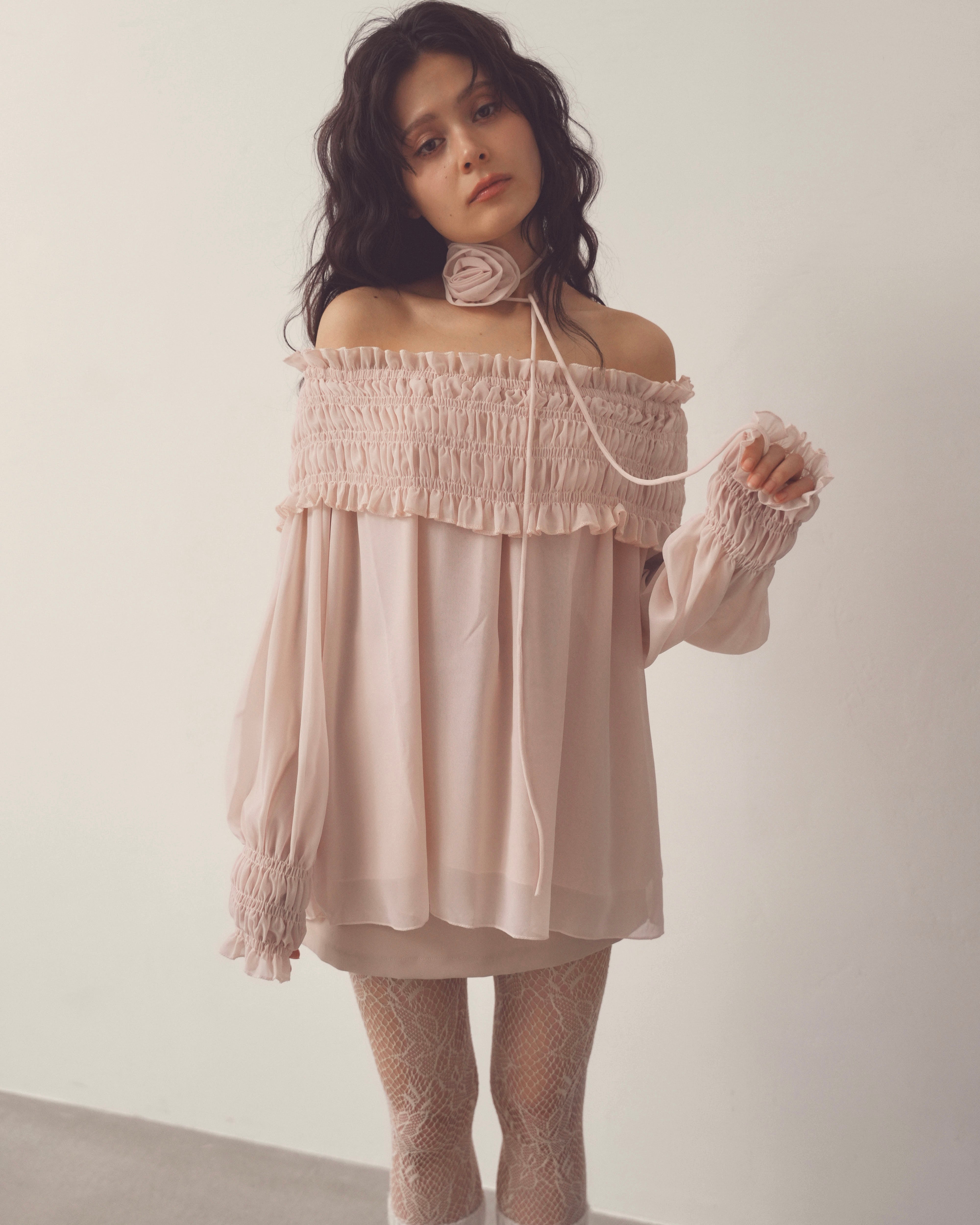 rose shirring frill blouse