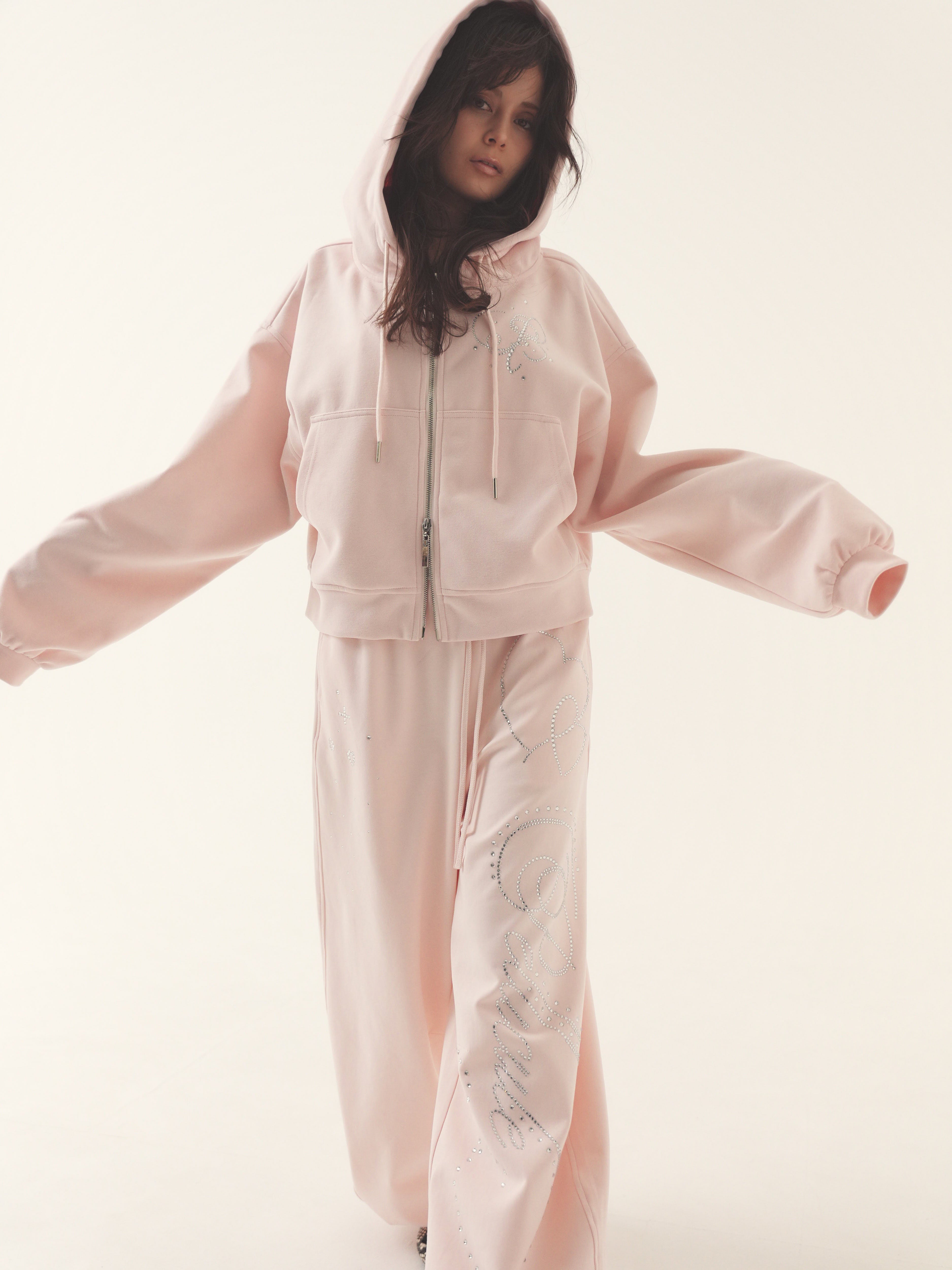 予約 black・babypink】stone-deco sweat pants｜PELLICULE | ぺリキュール