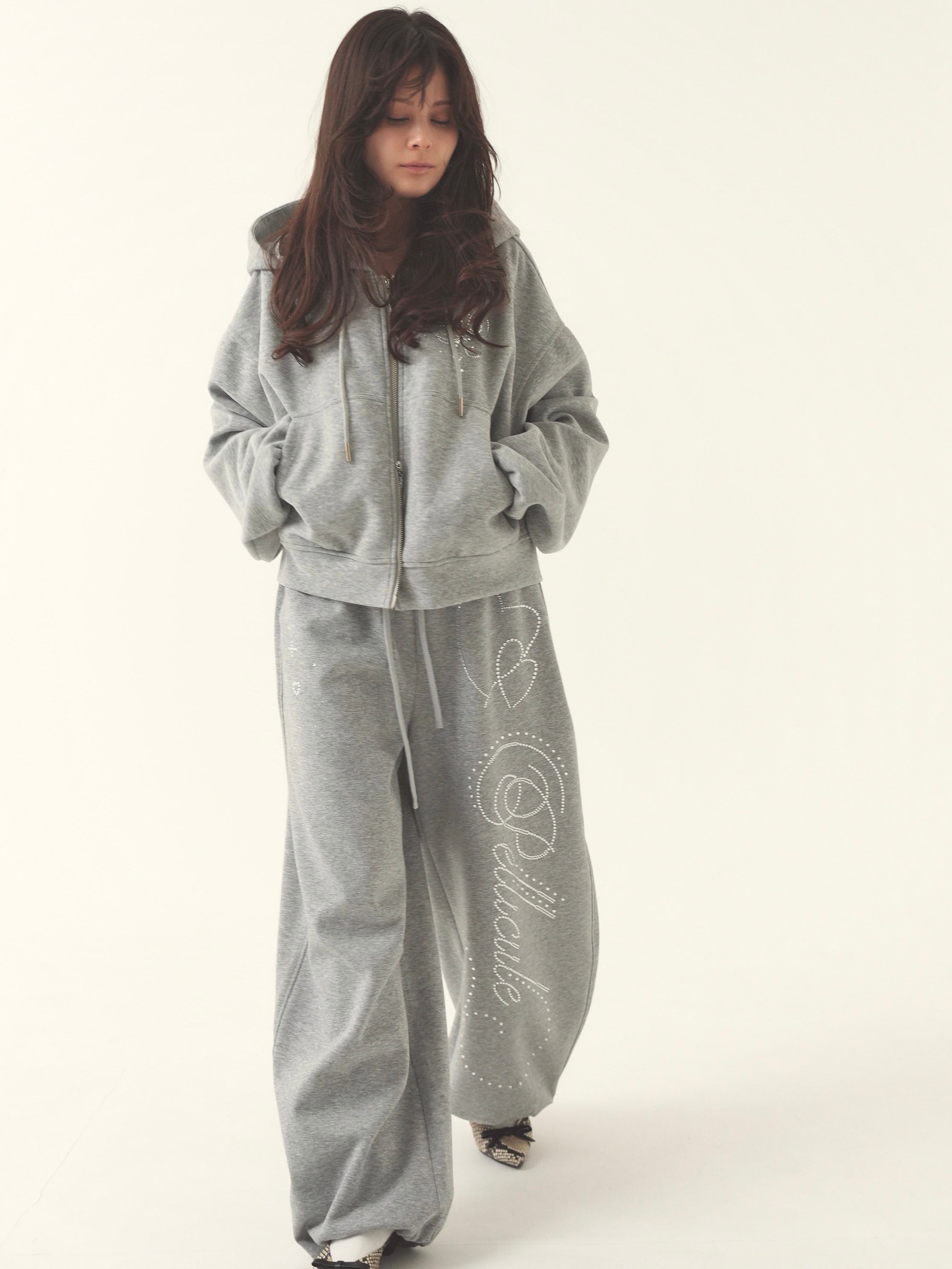 予約 black・babypink】stone-deco sweat pants｜PELLICULE | ぺリキュール