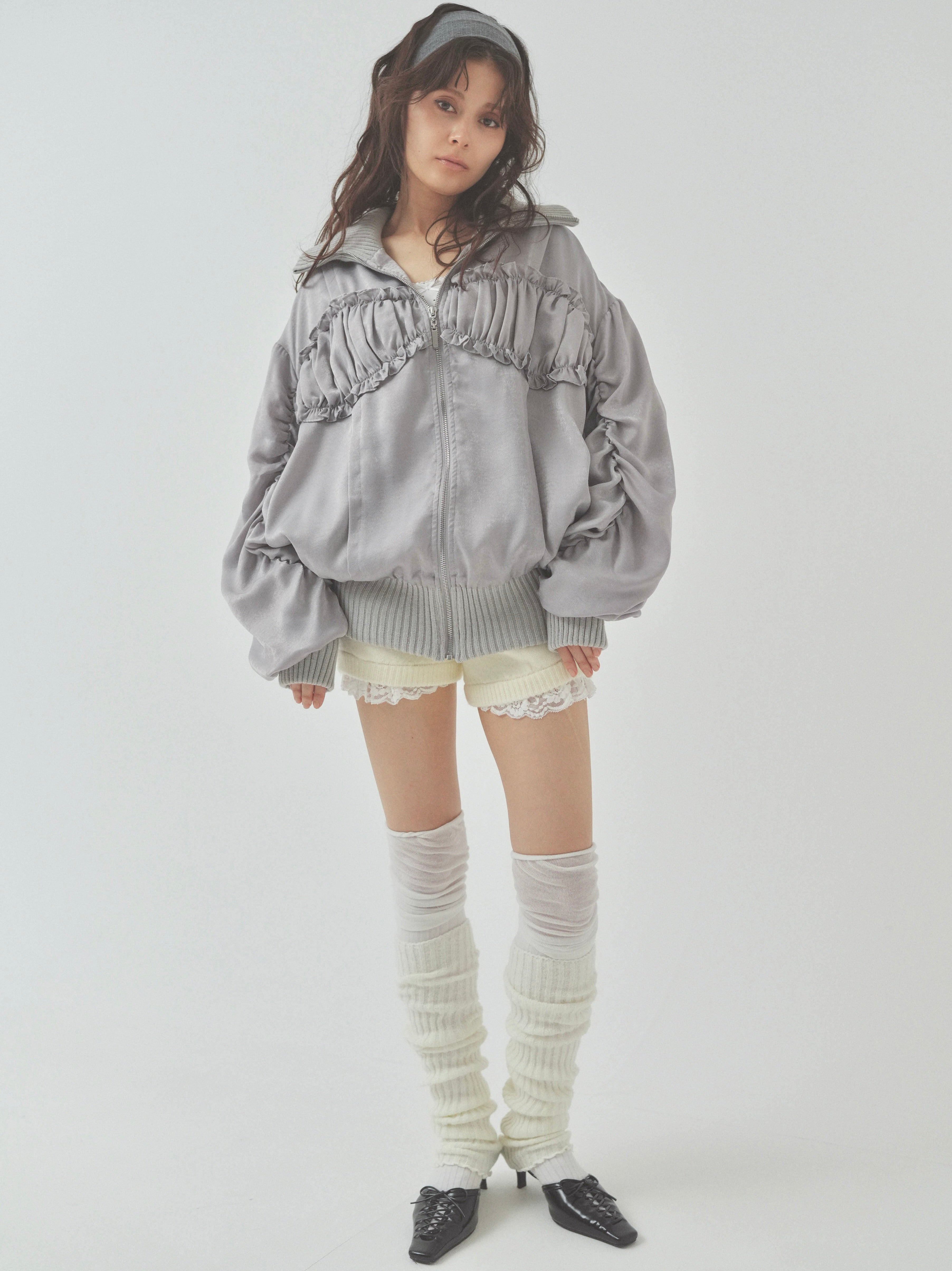 美品　ペリキュール　リボン ギャザー リブ ブルゾン　バルーンスリーブ　シルバー ribbon gather lib blouson｜PELLICULE | ぺリキュール