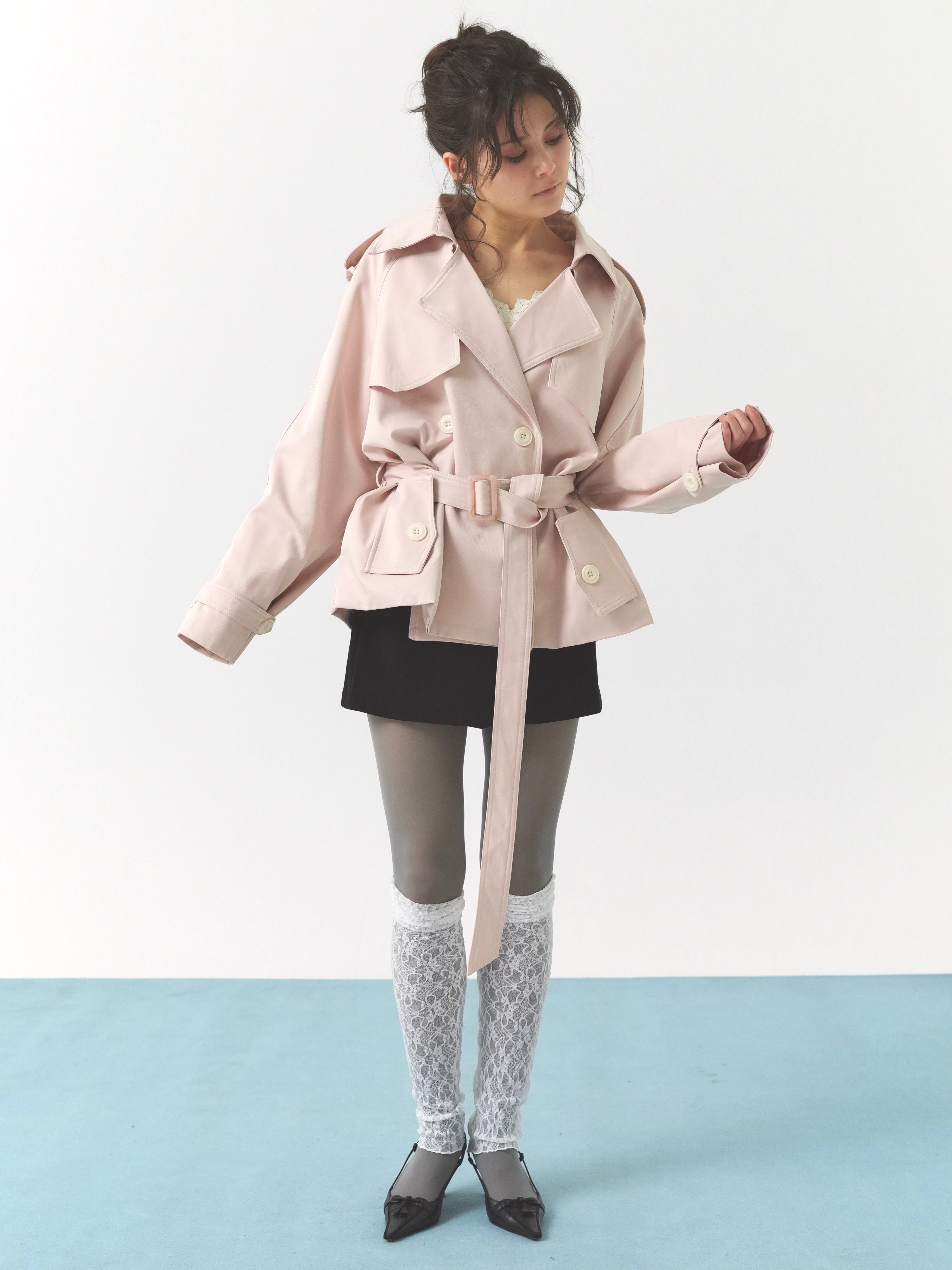 pale short trench coat