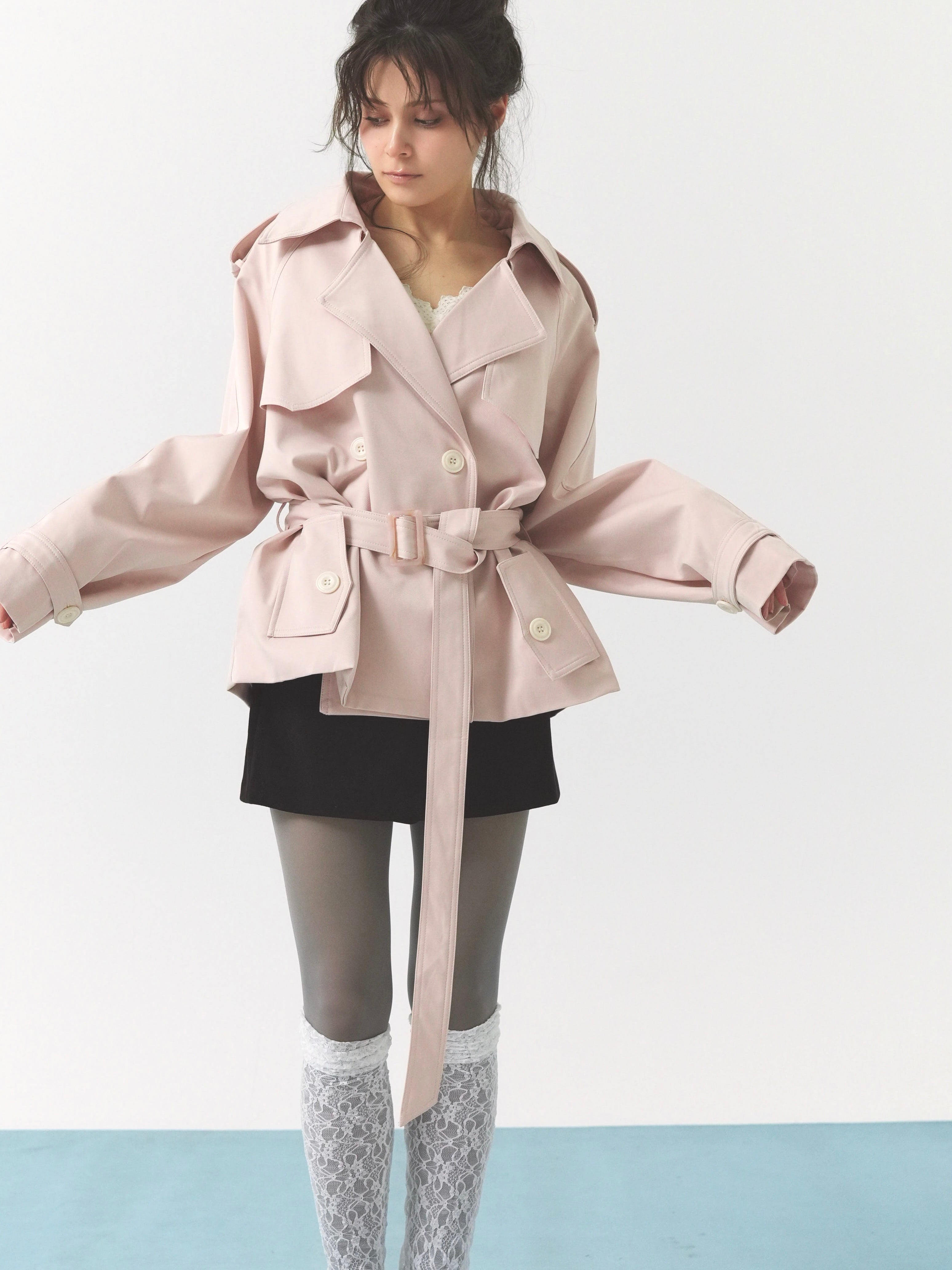 pale short trench coat