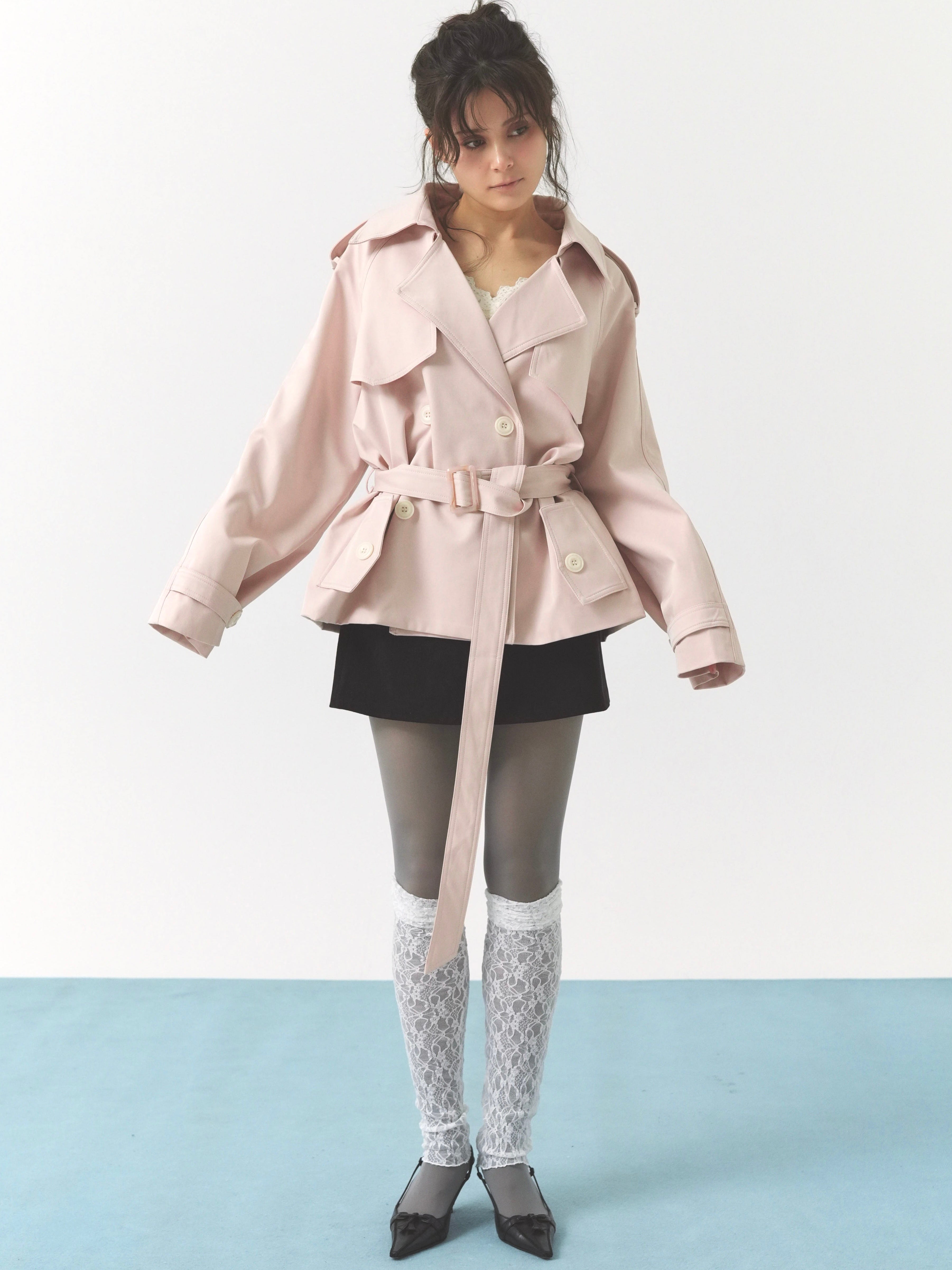 pale short trench coat