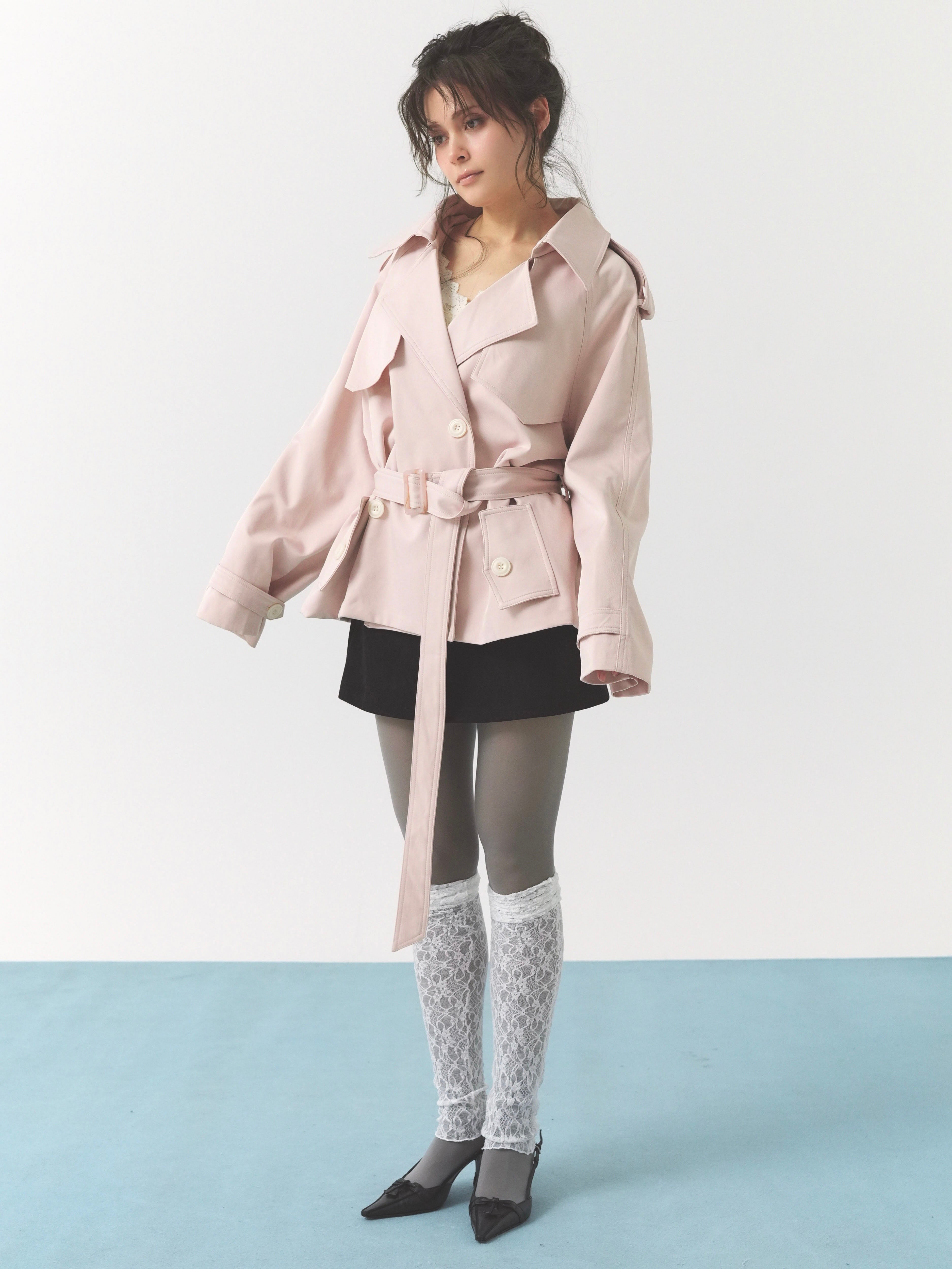 pale short trench coat