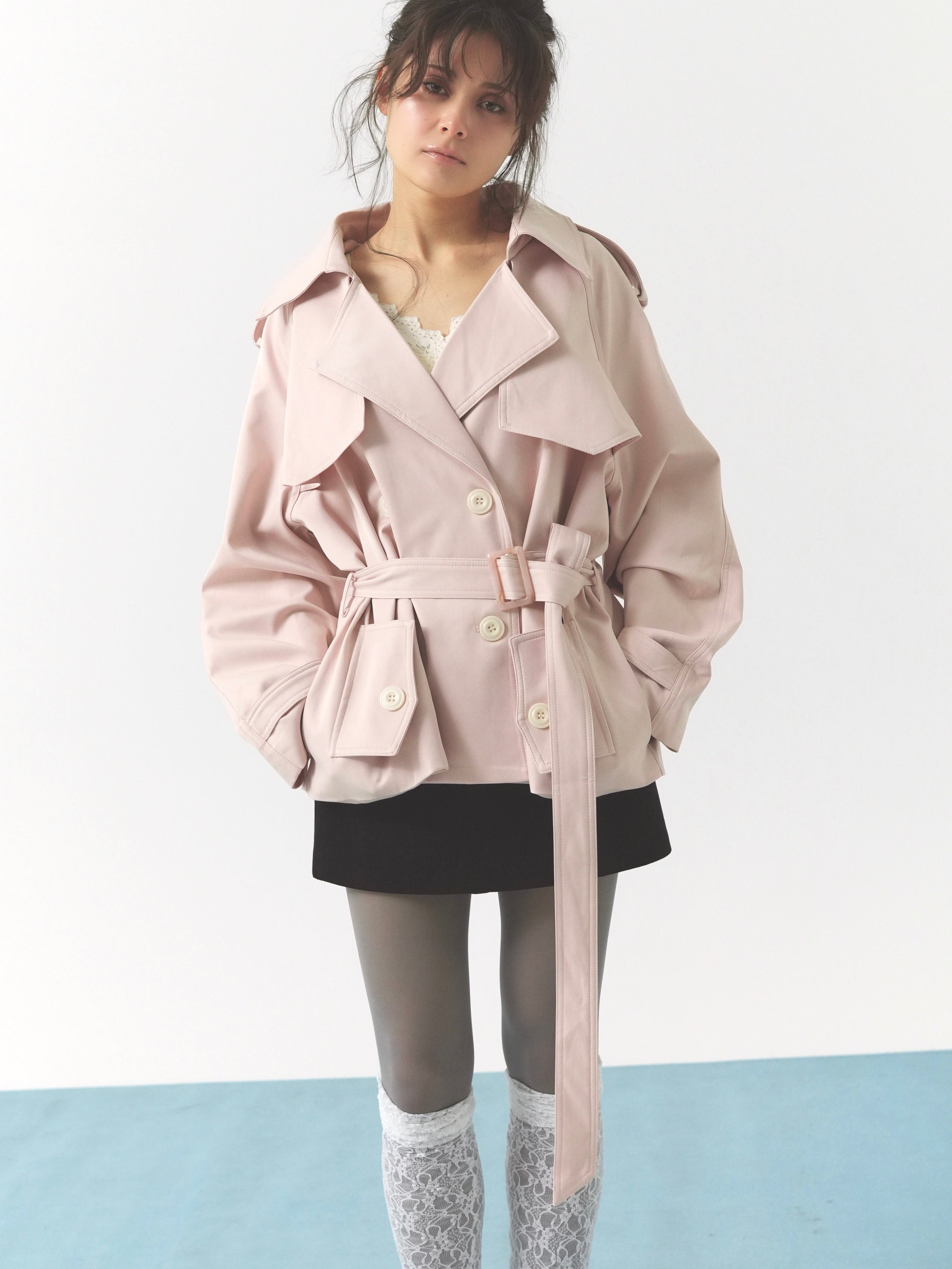 pale short trench coat
