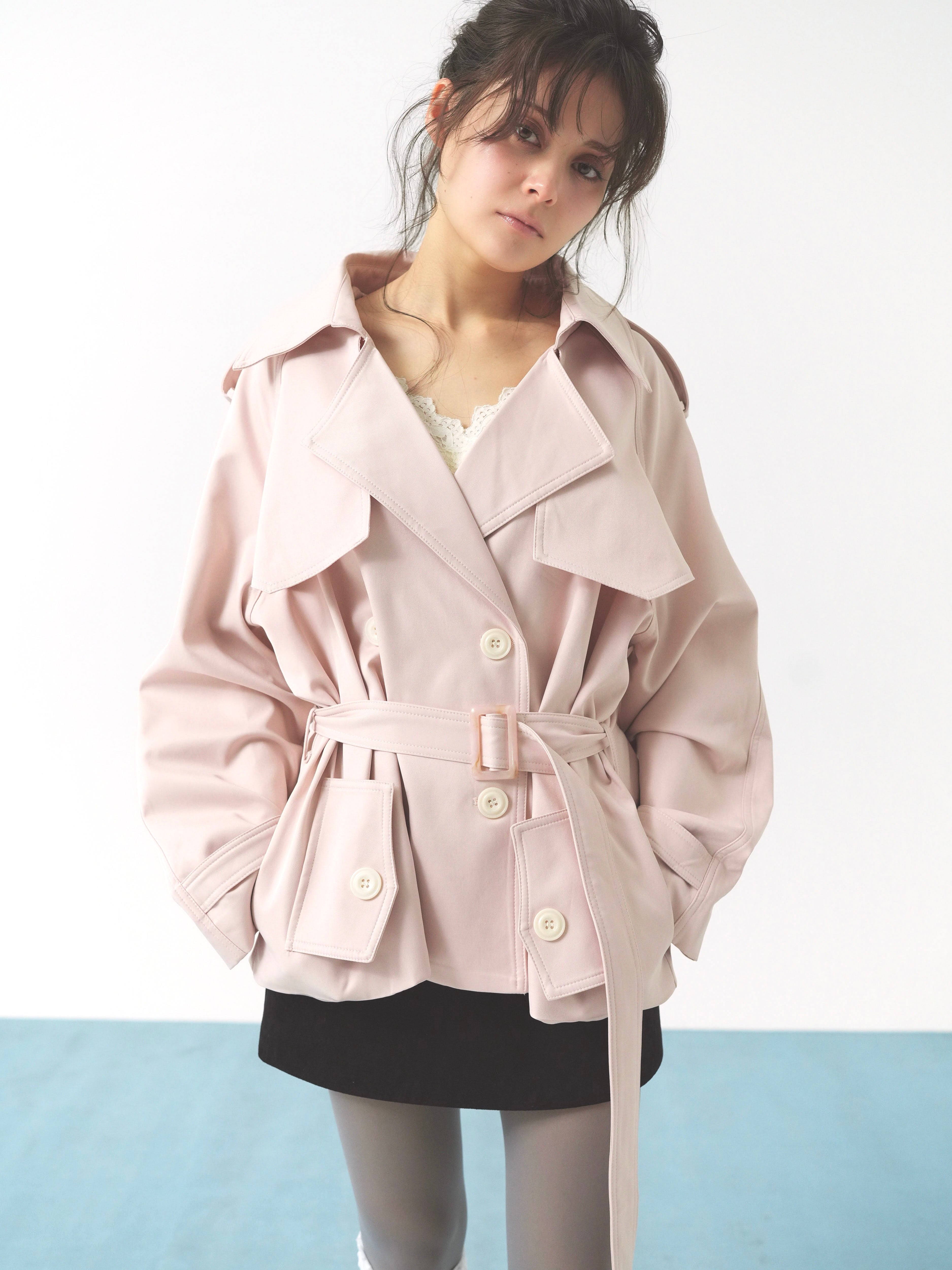 pale short trench coat