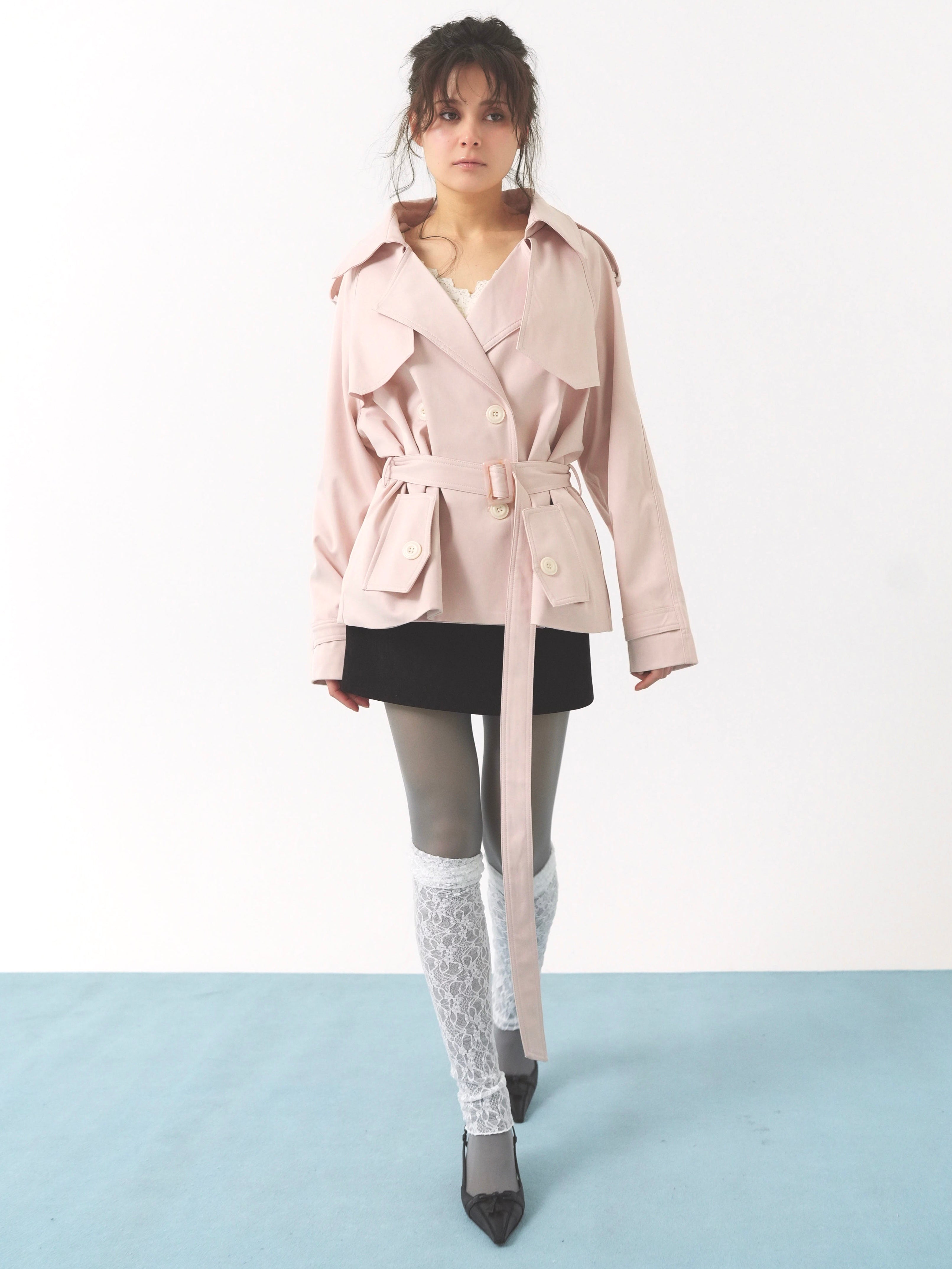 pale short trench coat