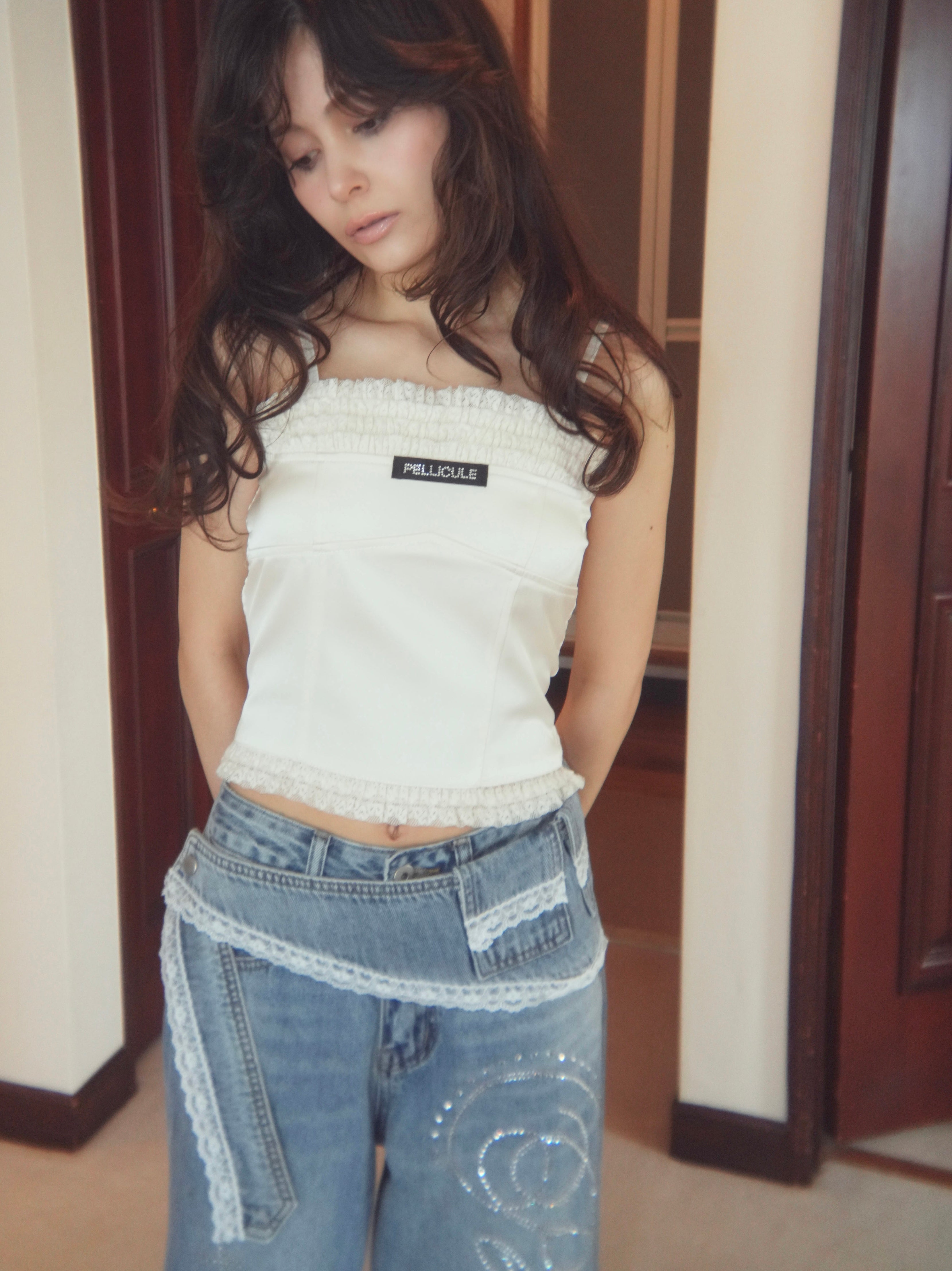 ホワイト,ドット柄：予約】frontlace corset camisole｜PELLICULE | ぺ