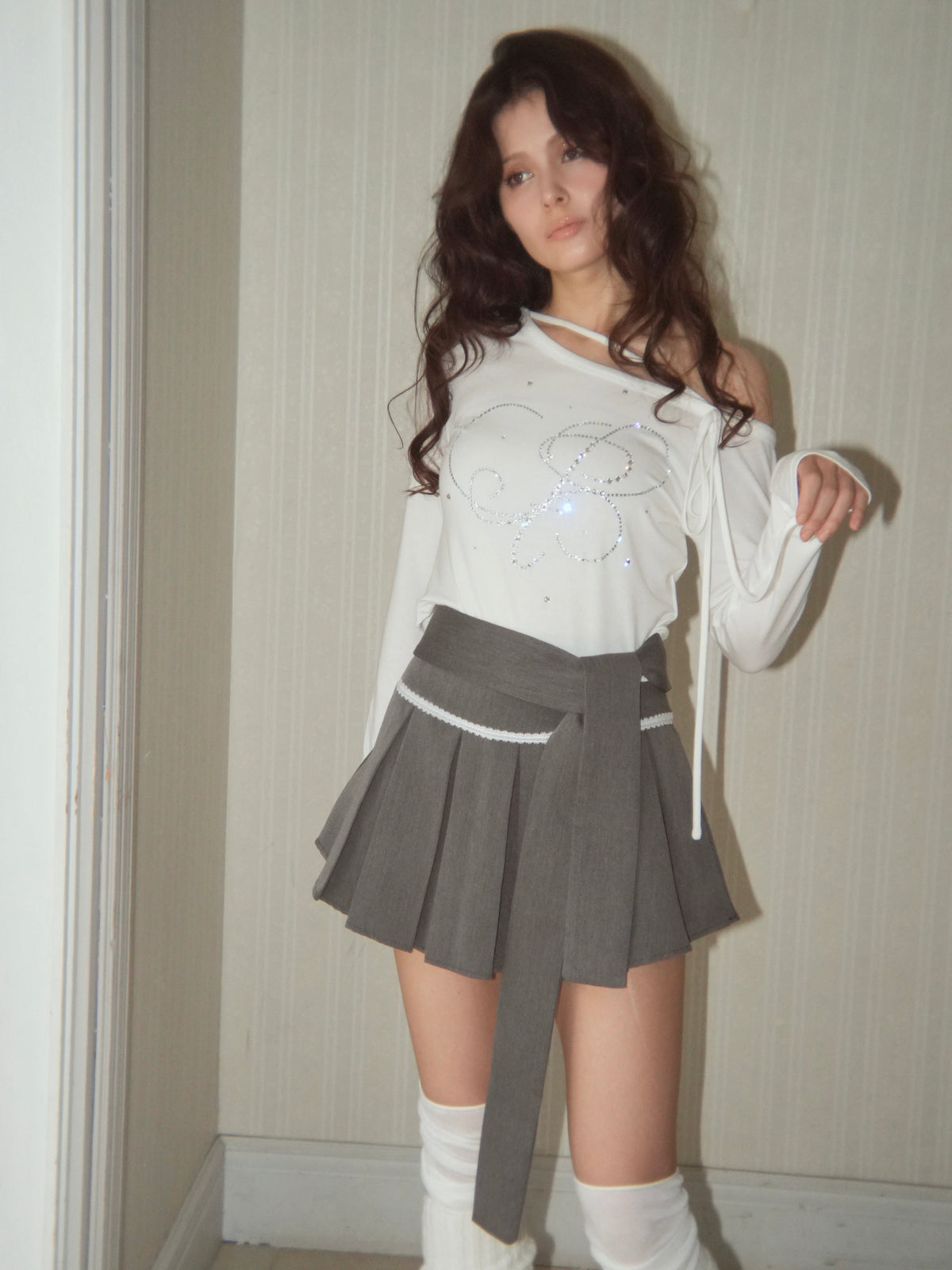 waistribbon pleats skirt