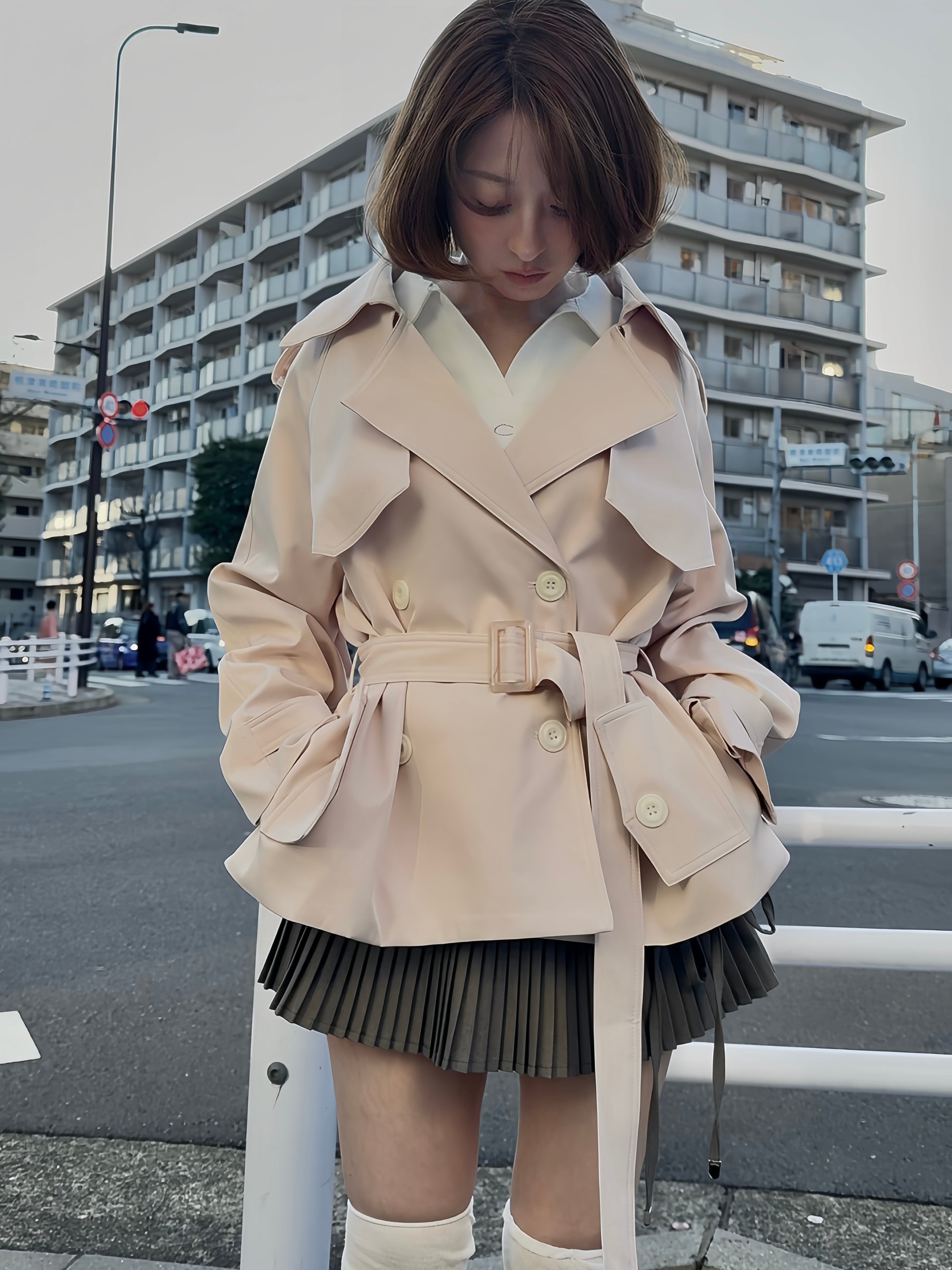 pale short trench coat